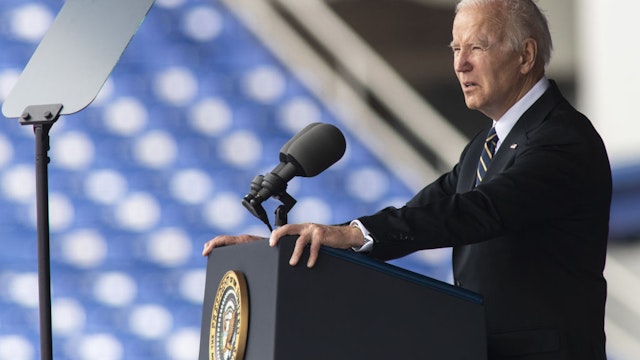 US President Joe Biden speaks during the US Naval Academy commencement ceremony at the Navy-Marine Corps Memorial Stadium in Annapolis, Maryland, US, on Friday, May 27, 2022. Bachelor of Science degrees are awarded to midshipmen upon graduation, receiving commissions as ensigns in the Navy or second lieutenants in the Marine Corps.