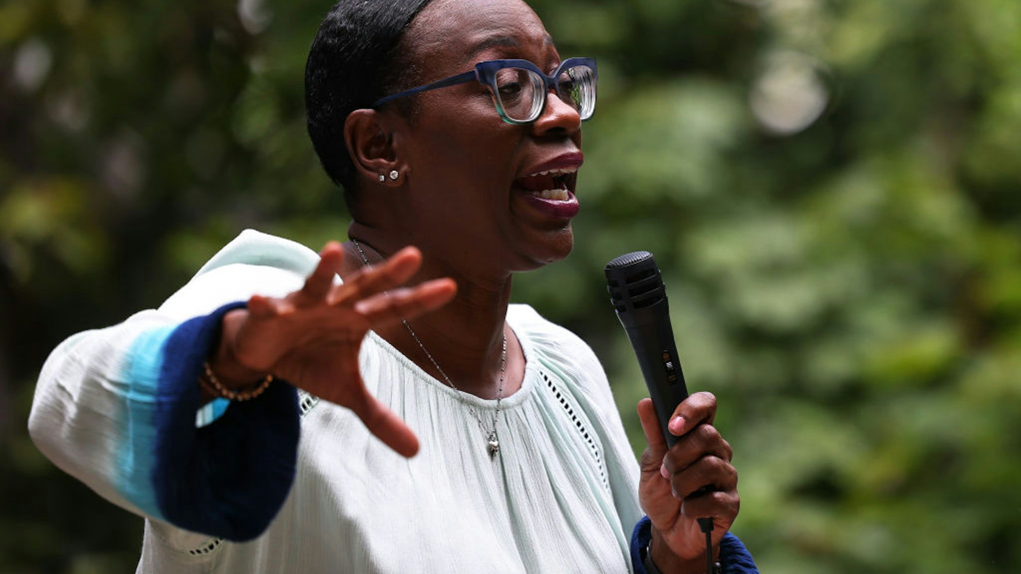 CLEVELAND, OHIO - JULY 30: U.S. Congressional candidate Nina Turner speaks to a crowd of volunteers before a Get Out the Vote canvassing event on July 30, 2021 in Cleveland Heights, Ohio. A special election is set for August 3rd for Ohio's 11th Congressional District primary with Congressional Candidate Nina Turner and Cuyahoga Councilwoman Shontel Brown being the frontrunners ahead of 11 other Democratic candidates in the race. The special election was triggered after former Rep. Marcia Fudge, joined the Biden administration to become the U.S. Secretary of Housing and Urban Development. (Photo by Michael M. Santiago/Getty Images)