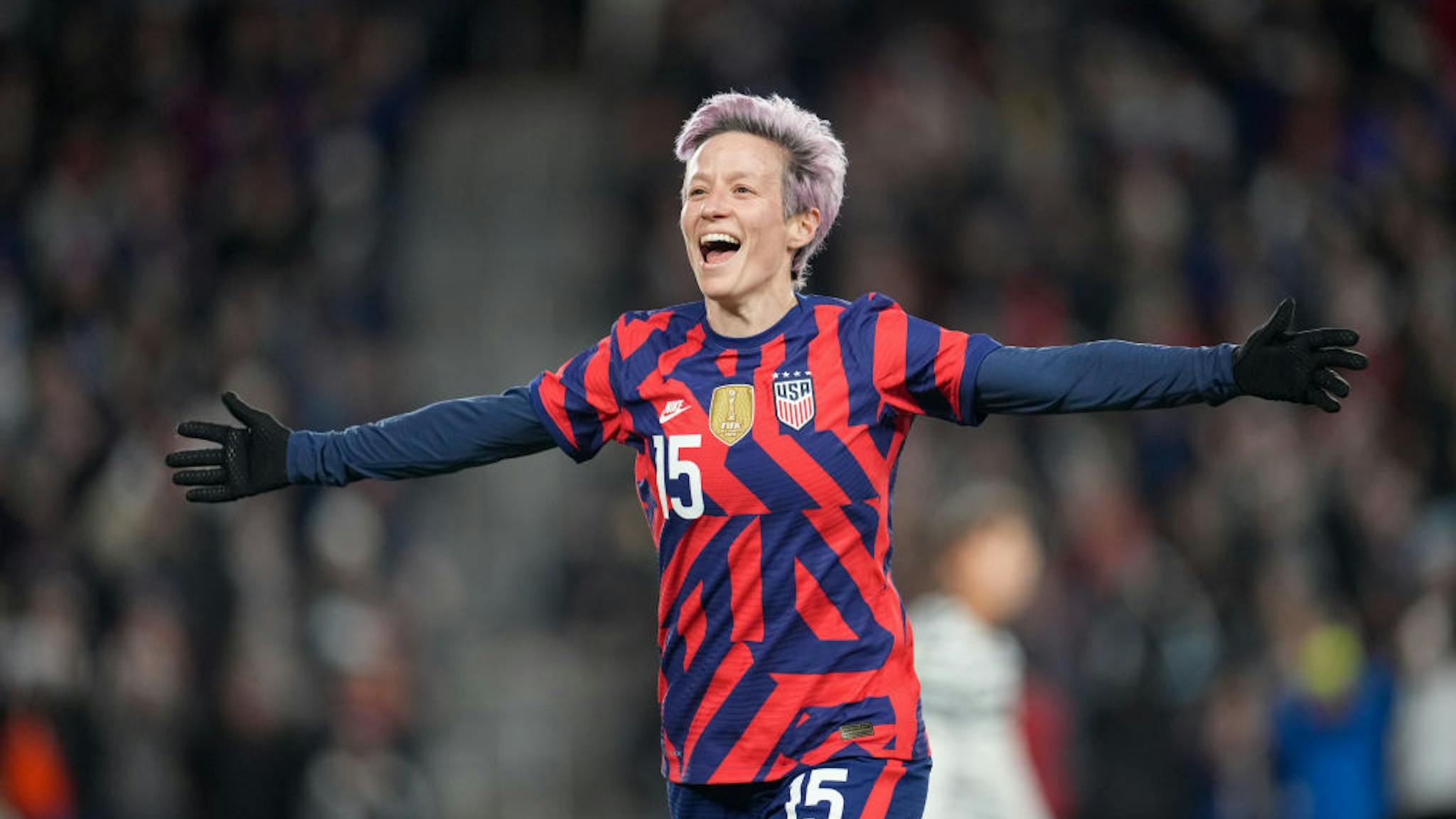 Korea Republic v United States Megan Rapinoe #15 of the United States celebrates after scoring a goal during a game against Korea Republic at Allianz Field on October 26, 2021 in St. Paul, Minnesota.