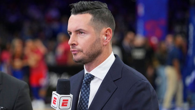 PHILADELPHIA, PA - MARCH 02: ESPN analyst JJ Redick looks on prior to the game between the New York Knicks and Philadelphia 76ers at the Wells Fargo Center on March 2, 2022 in Philadelphia, Pennsylvania. NOTE TO USER: User expressly acknowledges and agrees that, by downloading and or using this photograph, User is consenting to the terms and conditions of the Getty Images License Agreement. (Photo by Mitchell Leff/Getty Images)