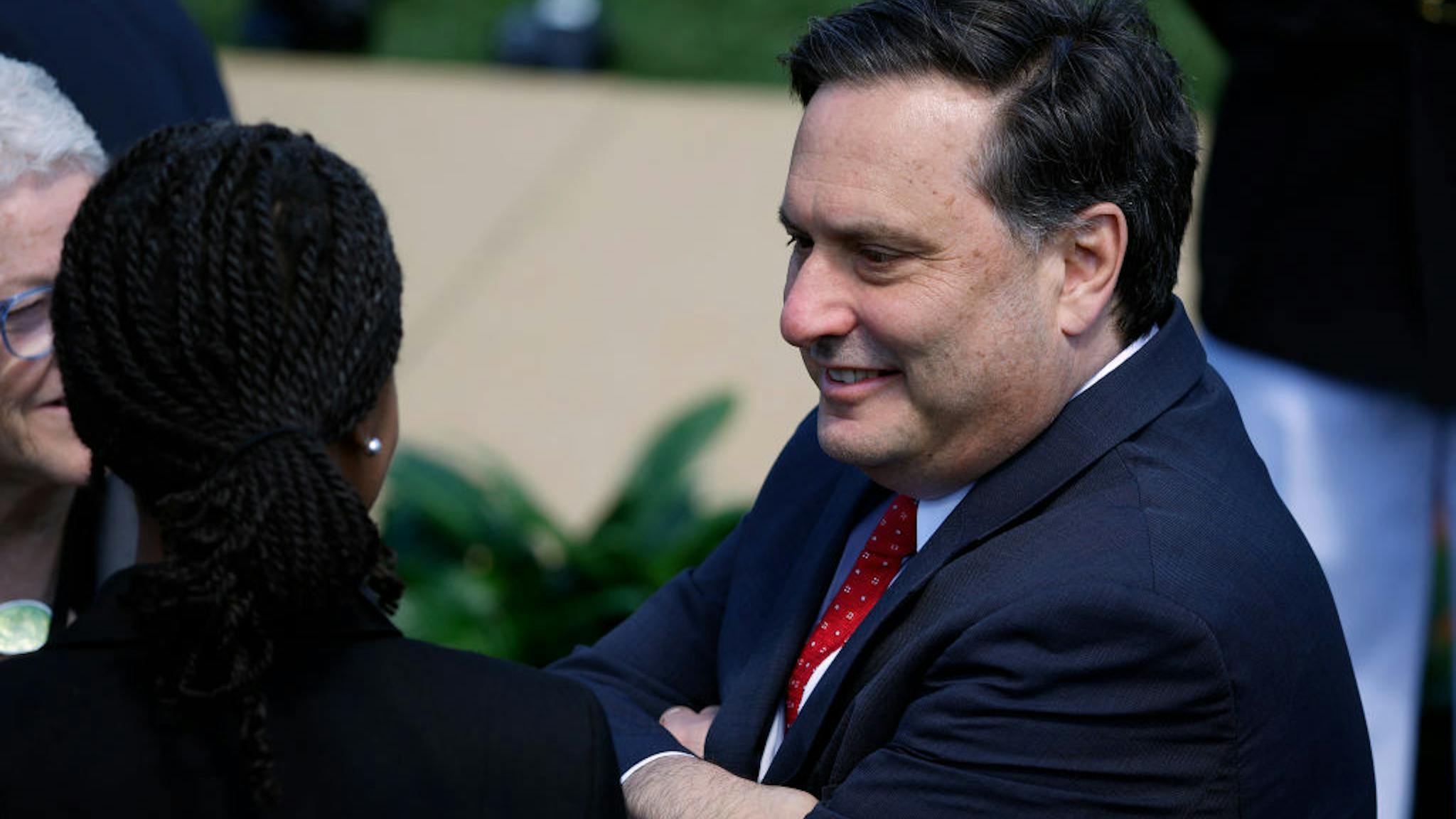 President Biden Delivers Remarks On Ketanji Brown Jackson’s Confirmation To Supreme Court WASHINGTON, DC - APRIL 08: White House Chief of Staff Ron Klain joins other guests for a celebrations of Judge Ketanji Brown Jackson's confirmation to the Supreme Court on the South Lawn of the White House on April 08, 2022 in Washington, DC. Judge Jackson was confirmed by the Senate 53-47 and is set to become the first Black woman to sit on the highest court. (Photo by Chip Somodevilla/Getty Images)