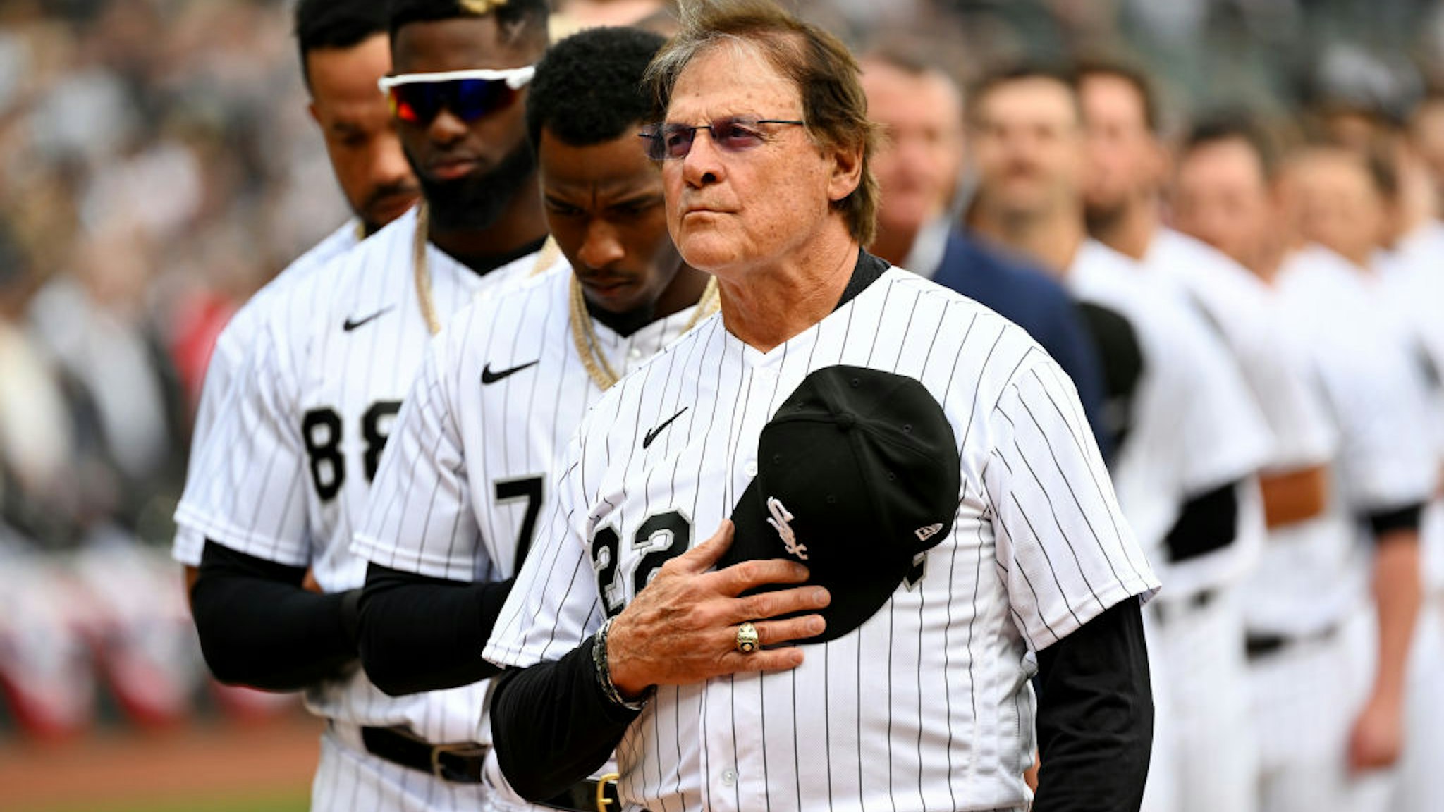 CHICAGO - APRIL 12: Manager Tony La Russa #22 of the Chicago White Sox looks on during the National Anthem prior to the game against the Seattle Mariners during Opening Day on April 12, 2022 at Guaranteed Rate Field in Chicago, Illinois. (Photo by Ron Vesely/Getty Images)