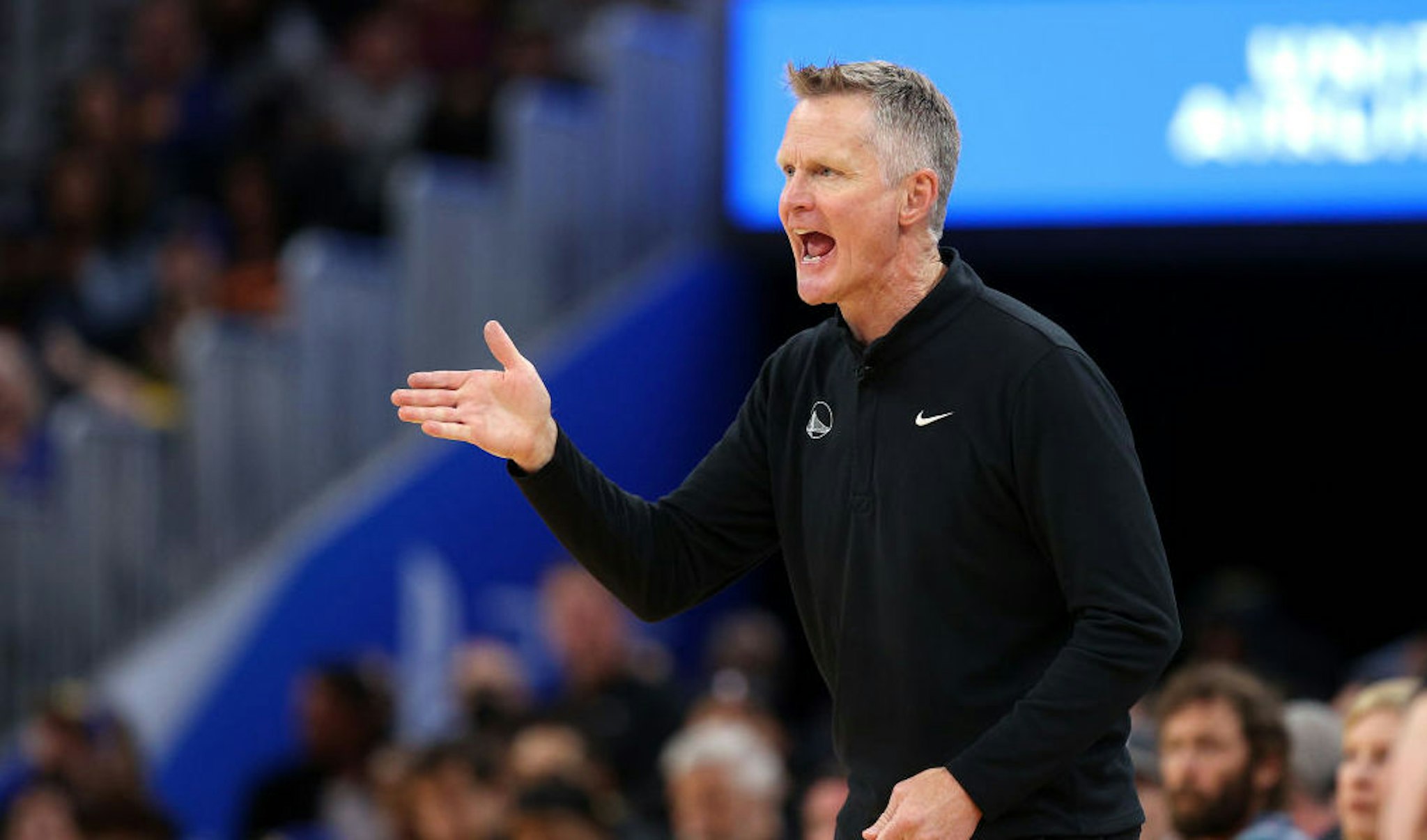 SAN FRANCISCO, CALIFORNIA - APRIL 16: Golden State Warriors head coach Steve Kerr shouts to his team against the Denver Nuggets in the second half during Game One of the Western Conference First Round NBA Playoffs at Chase Center on April 16, 2022 in San Francisco, California. NOTE TO USER: User expressly acknowledges and agrees that, by downloading and/or using this photograph, User is consenting to the terms and conditions of the Getty Images License Agreement. (Photo by Ezra Shaw/Getty Images)