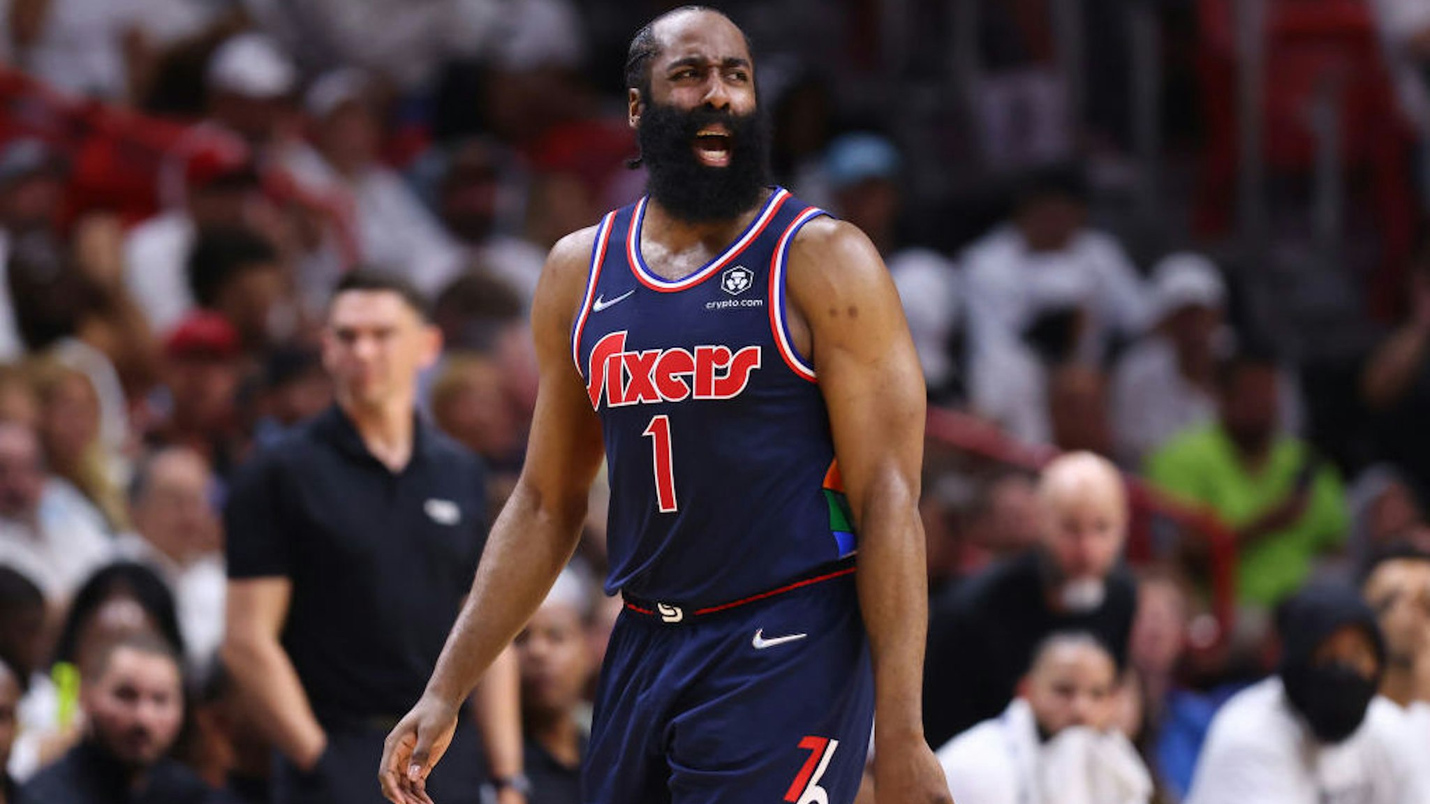 MIAMI, FLORIDA - MAY 02: James Harden #1 of the Philadelphia 76ers reacts against the Miami Heat during the first half in Game One of the Eastern Conference Semifinals at FTX Arena on May 02, 2022 in Miami, Florida. NOTE TO USER: User expressly acknowledges and agrees that, by downloading and or using this photograph, User is consenting to the terms and conditions of the Getty Images License Agreement. (Photo by Michael Reaves/Getty Images)