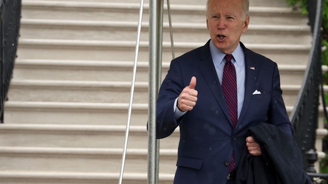 WASHINGTON, DC - MAY 06: U.S. President Joe Biden gestures to members of the press prior to his departure from the White House May 6, 2022 in Washington, DC. President Biden is traveling to Hamilton, Ohio, to visit United Performance Metals. (Photo by Alex Wong/Getty Images)