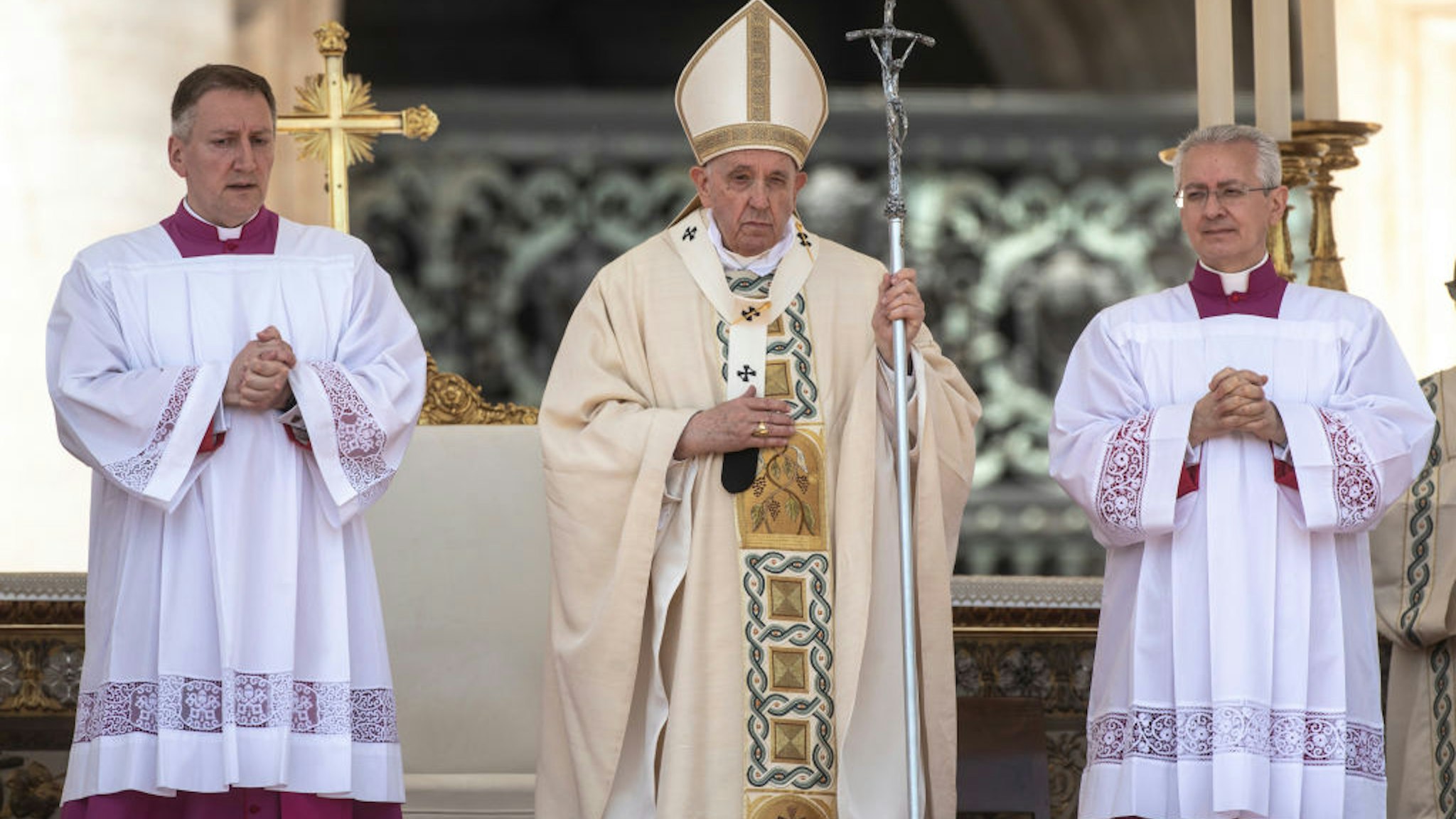 VATICAN CITY, VATICAN - MAY 15: Pope Francis names ten new saints during a canonization mass in St. Peter's Square, on May 15, 2022 in Vatican City, Vatican. At the beginning of the liturgical celebration, the Pope proclaimed new saints: Titus Brandsma, Lazzarus Devasahayam, César de Bus, Luigi Maria Palazzolo, Giustino Maria Russolillo, Charles de Foucauld, Maria Rivier, Maria Francesca of Jesus Rubatto, Maria of Jesus Santocanale and Maria Domenica Mantovani, five from Italy, three from France, one from India and one from the Netherlands. (Photo by Alessandra Benedetti - Corbis/Corbis via Getty Images)