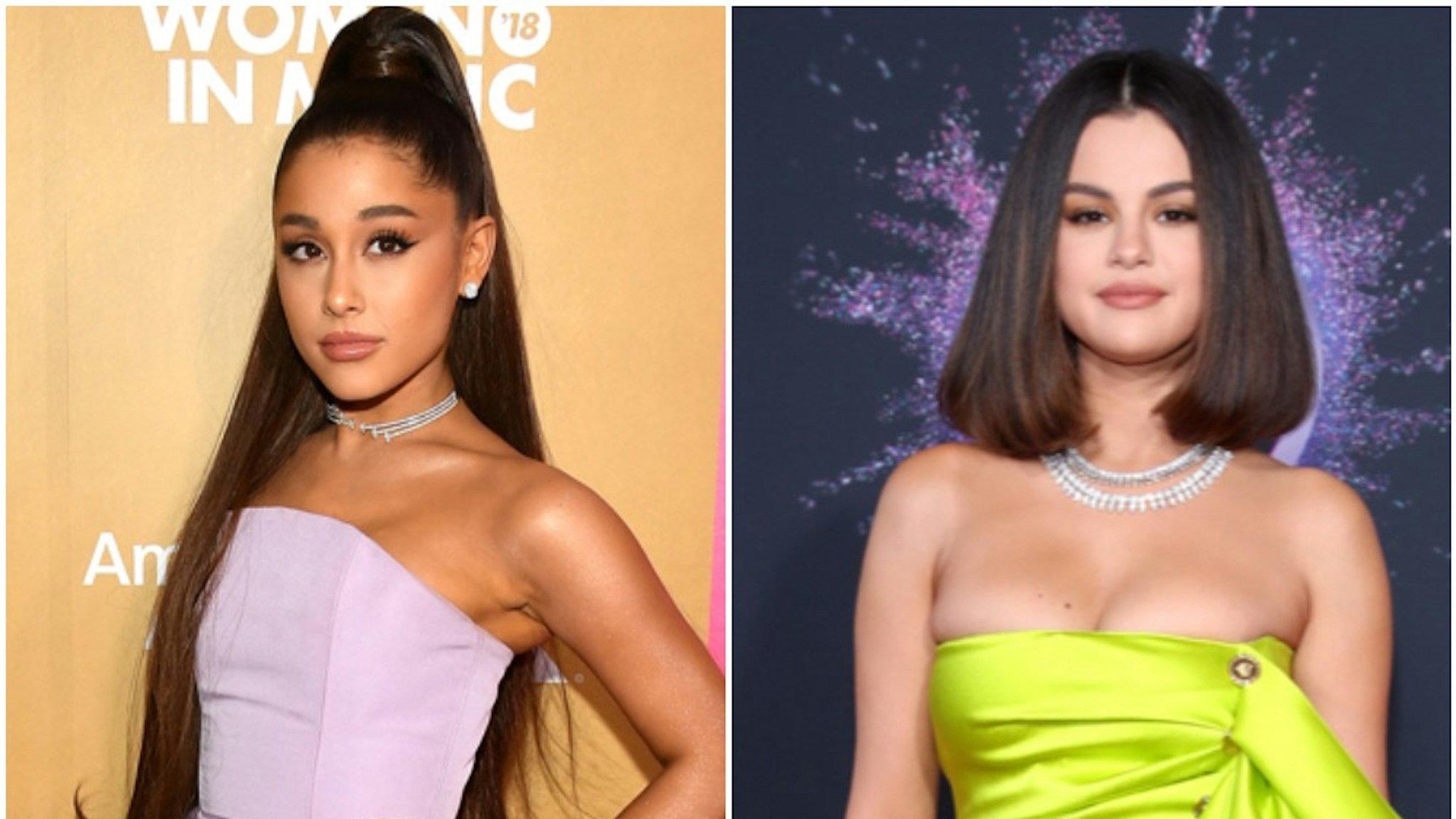 Ariana Grande attends Billboard's 13th Annual Women in Music Event at Pier 36 on December 06, 2018 in New York City. Selena Gomez attends the 2019 American Music Awards at Microsoft Theater on November 24, 2019 in Los Angeles, California.