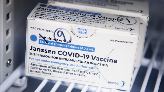UNITED STATES - APRIL 12: A box of Johnson &amp; Johnson's Janssen COVID-19 vaccine doses are pictured at Grubb's Pharmacy on Capitol Hill on Monday, April 12, 2021.