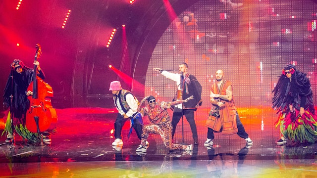 The Kalush Orchestra from Ukraine performs with the title "Stefania" in the third dress rehearsal for the final of the Eurovision Song Contest (ESC) 2022.