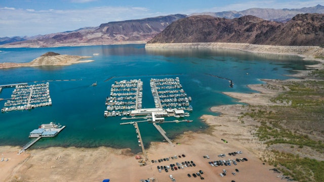 Lake Mead, NV - June 28: An aerial view of droughts effect at Hemenway Harbor, Lake Mead, which is at its lowest level in history since it was filled 85 years ago, Monday, June 28, 2021. The ongoing drought has made a severe impact on Lake Mead and a milestone in the Colorado River's crisis. High temperatures, increased contractual demands for water and diminishing supply are shrinking the flow into Lake Mead. Lake Mead is the largest reservoir in the U.S., stretching 112 miles long, a shoreline of 759 miles, a total capacity of 28,255,000 acre-feet, and a maximum depth of 532 feet.