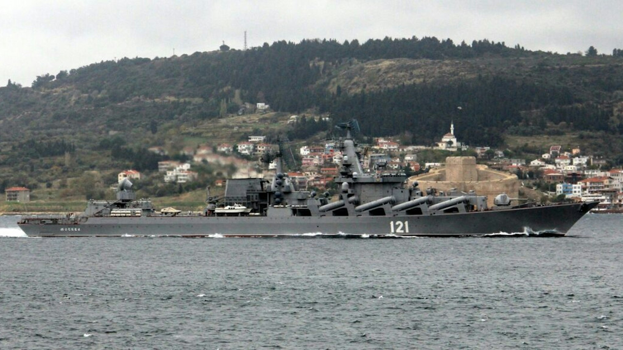 A file photo dated November 15, 2013 shows guided missile cruiser of the Russian Navy, Moskva, passing through the Dardanelles strait in Canakkale, Turkey