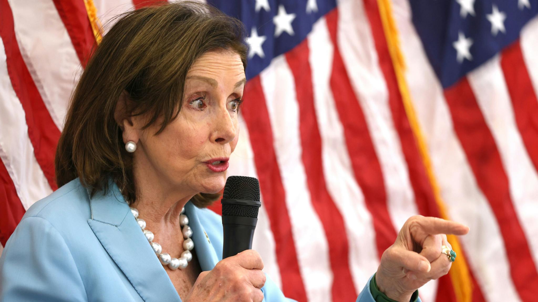 Speaker Nancy Pelosi Joins The Asian Pacific Islander Council For A Roundtable In San Francisco SAN FRANCISCO, CALIFORNIA - MAY 31: U.S. Speaker of the House Rep. Nancy Pelosi (L) (D-CA) speaks during an Asian American Pacific Islander Roundtable on May 31, 2022 in San Francisco, California. Speaker Pelosi met with members of the AAPI community to discuss funding for immigration issues and anti-AAPI hate efforts.