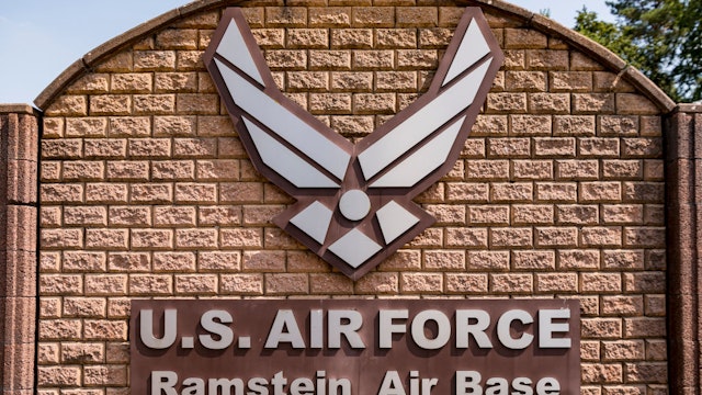 RAMSTEIN-MIESENBACH, GERMANY - JULY 20: The sign at the Westgate of Ramstein air base on July 20, 2020 in Ramstein-Miesenbach, Germany. The governors of the four German states that host a total of 35,000 US troops haver appealed the member of the U.S. Congress to block the possible withdrawal of 9,500 troops. U.S. President Donald Trump announced his intention to withdraw the troops in June. Ramstein air base is one of the biggest U.S. military facilities outside the U.S.