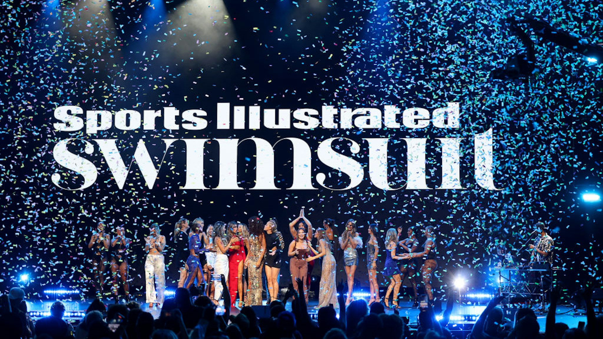 The Sports Illustrated Swimsuit 2021 Issue models speak onstage during the Sports Illustrated Swimsuit celebration of the launch of the 2021 Issue on July 24, 2021 in Hollywood, Florida.