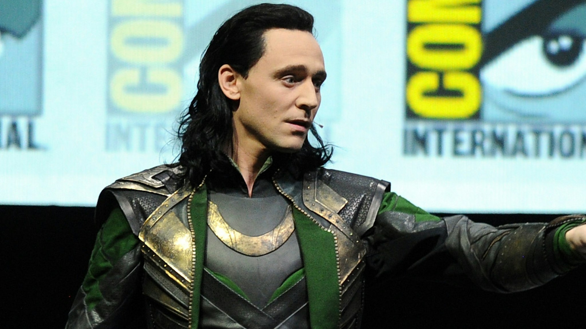 Actor Tom Hiddleston speaks onstage at Marvel Studios "Thor: The Dark World" and "Captain America: The Winter Soldier" during Comic-Con International 2013 at San Diego Convention Center on July 20, 2013 in San Diego, California.