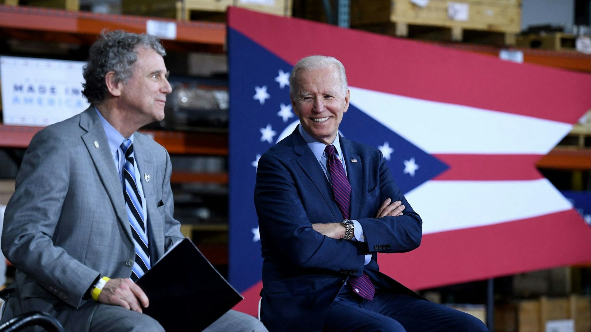 US Senator Sherrod Brown (D-OH) and US President Joe Biden (R) visit United Performance Metals, a specialty metals solutions center, in Hamilton, Ohio, on May 6, 2022.