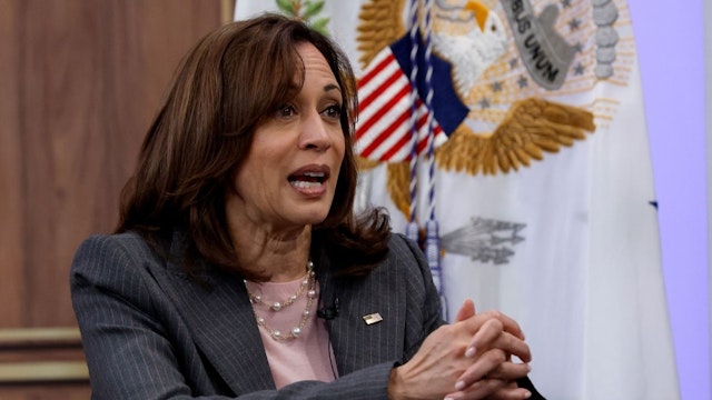 U.S. Vice President Kamala Harris delivers brief remarks at the beginning of a virtual meeting of abortion providers in the South Court Auditorium of the Eisenhower Executive Office Building on May 19, 2022 in Washington, DC.