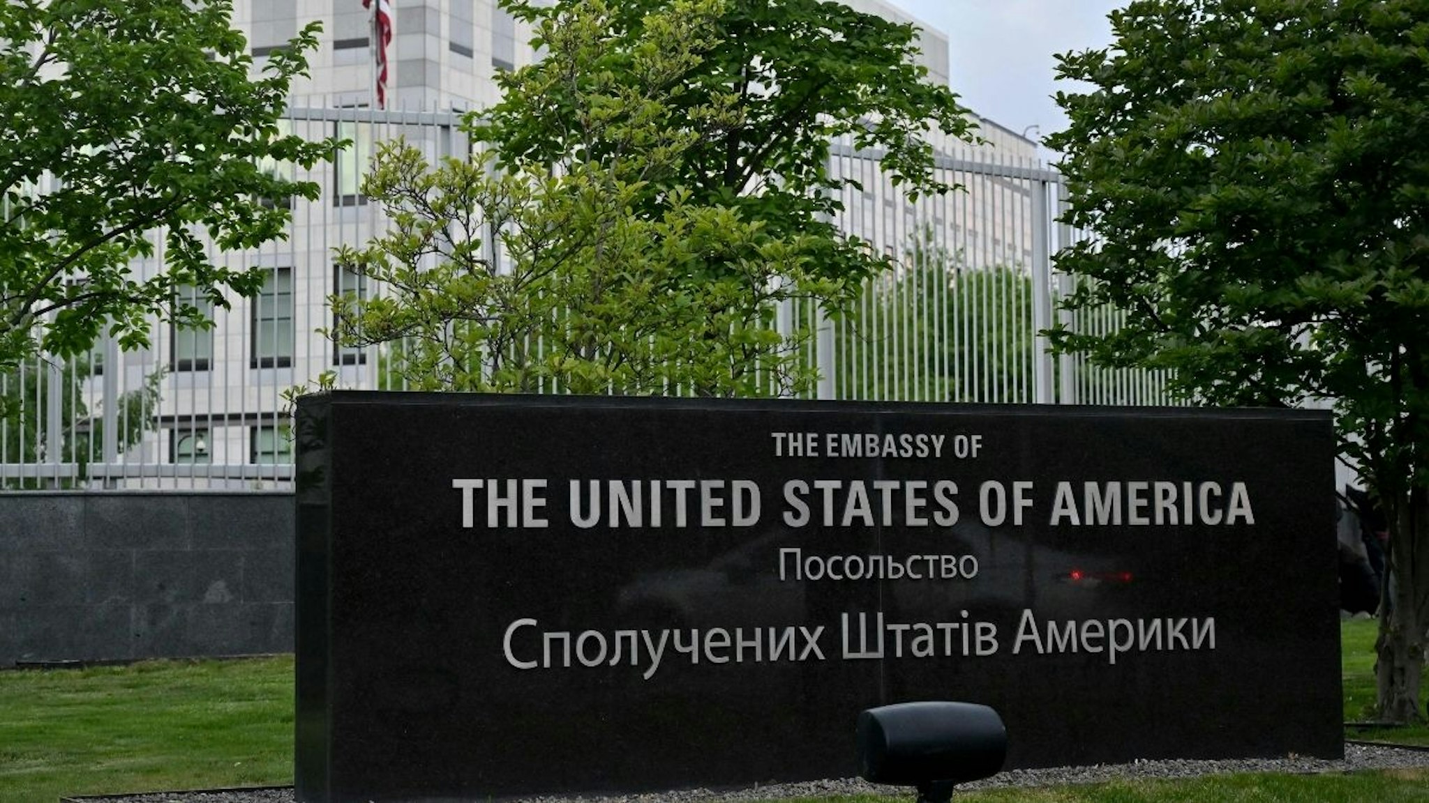 A picture shows a view of the US embassy in Kyiv on May 18, 2022, as the embassy reopens after closing it for three months due to the Russian invasion.