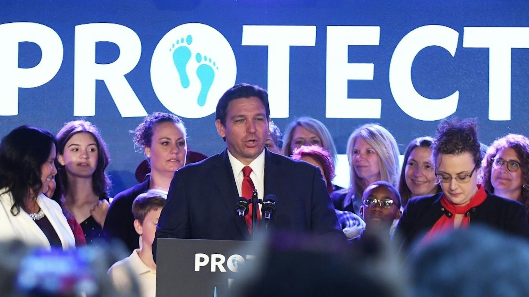 Governor Ron DeSantis speaks to pro-life supporters before signing Floridaâs 15-week abortion ban into law at Nacion de Fe church in Kissimmee.