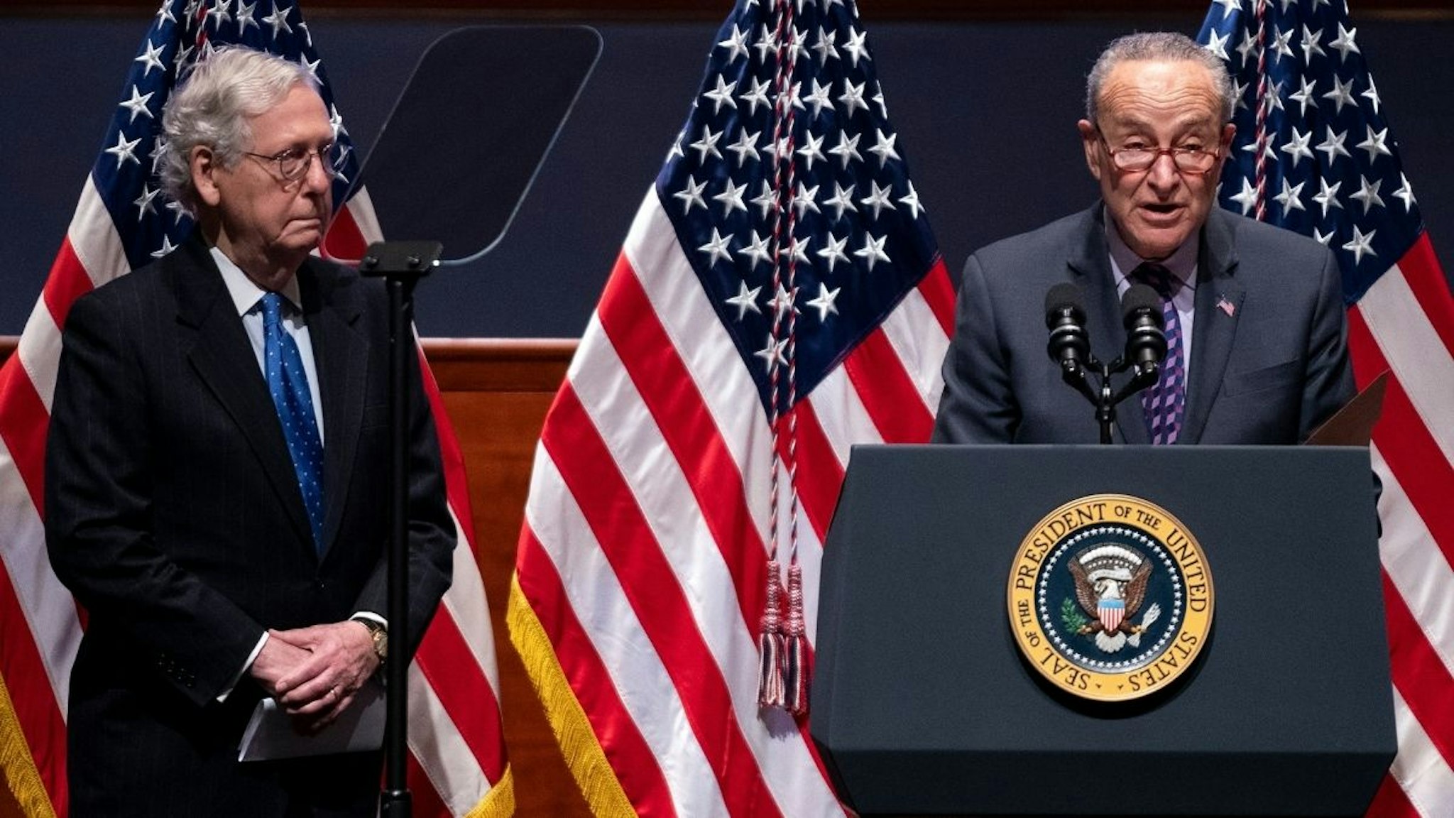 Minority Leader Mitch McConnell (R-Ky.) and Majority Leader Charles Schumer (D-N.Y.) address at the National Prayer Breakfast at the U.S. Capitol on February 3, 2022 in Washington, DC.