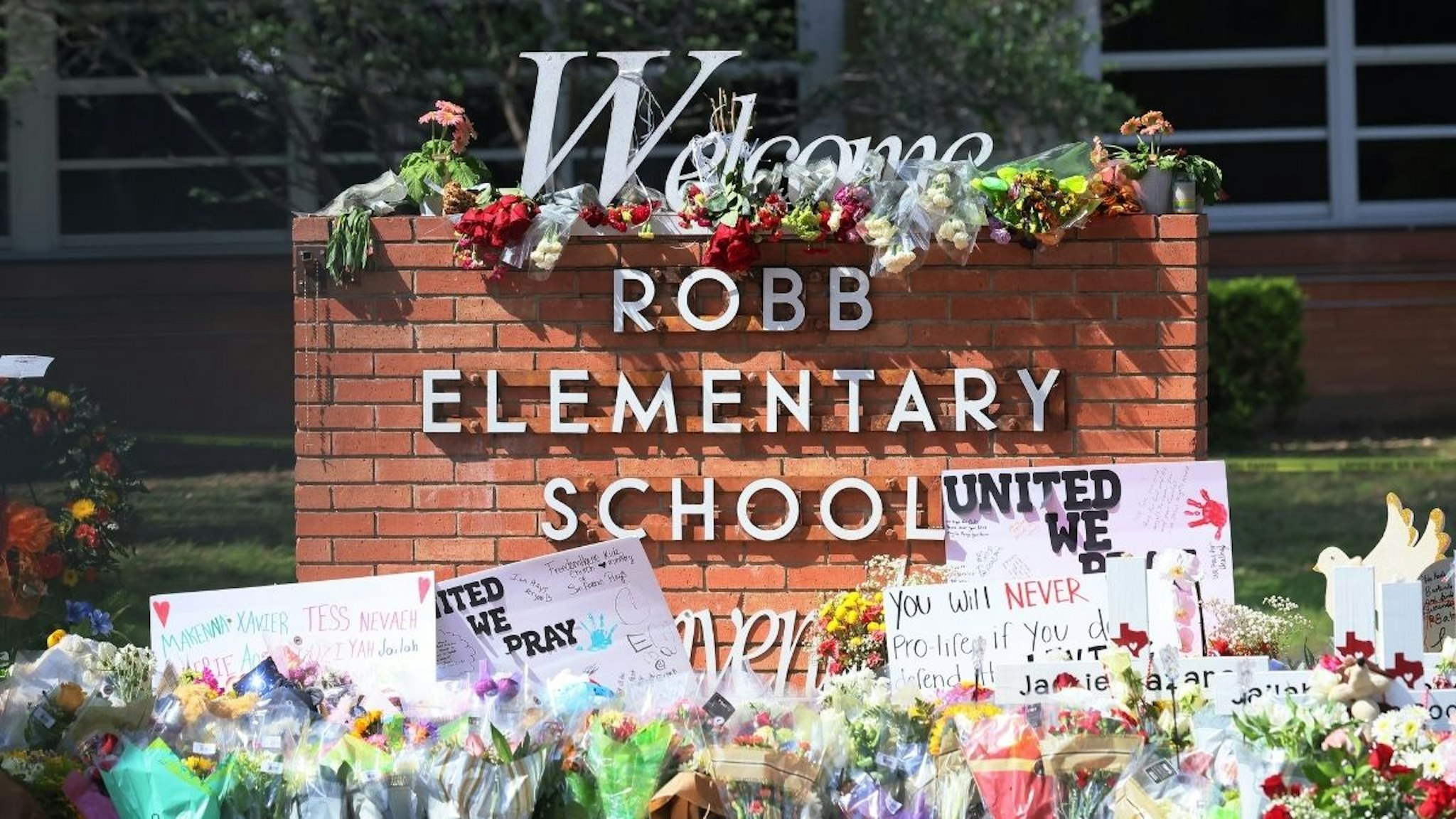 A memorial for victims of Tuesday's mass shooting at Robb Elementary School is seen on May 27, 2022 in Uvalde, Texas.