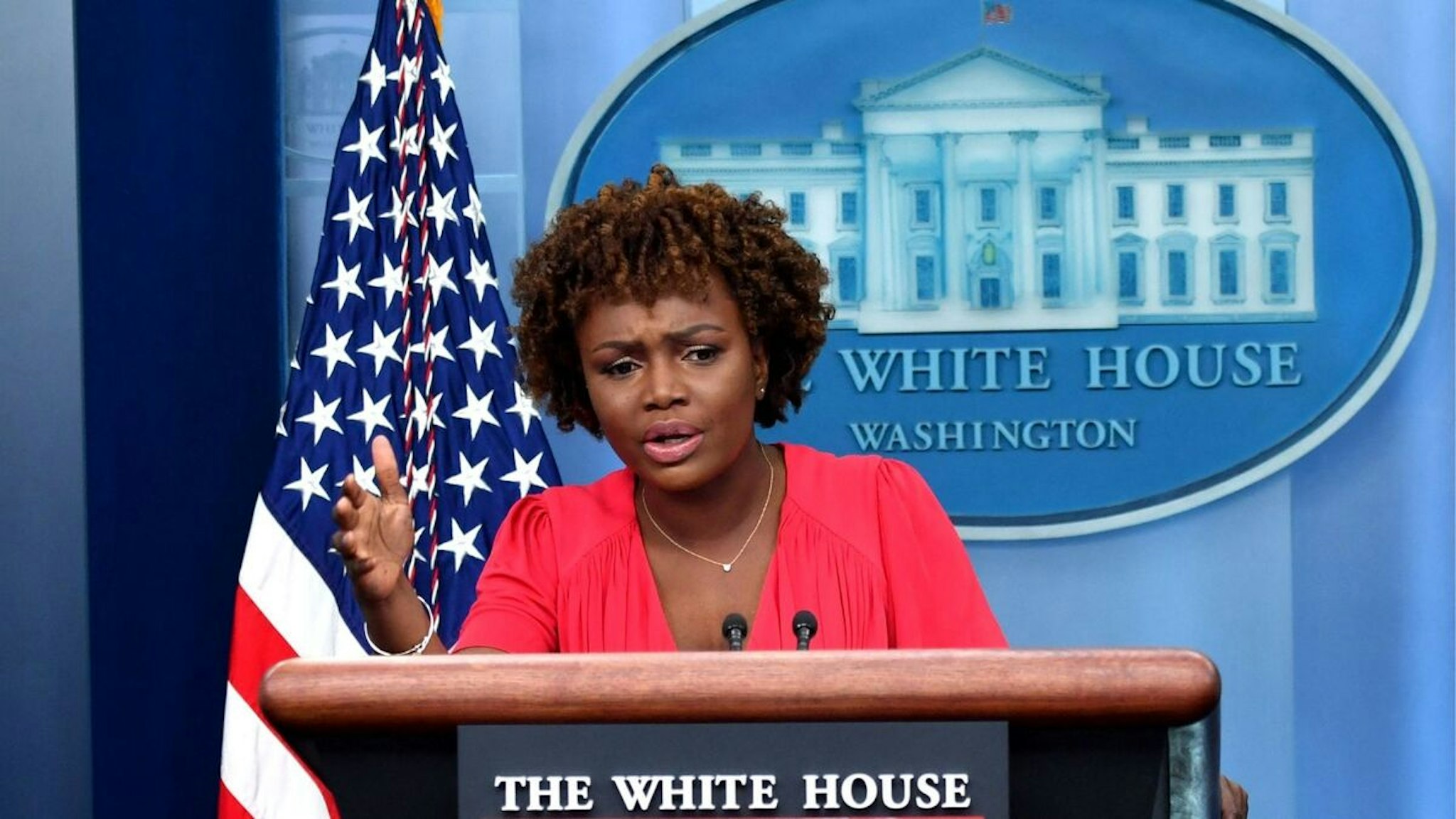 New White House Press Secretary Karine Jean-Pierre speaks to reporters in the James S Brady Press Briefing Room of the White House in Washington, DC, on May 16, 2022.