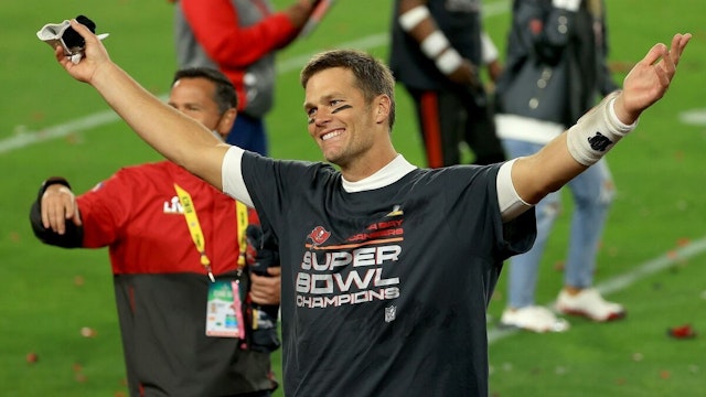 TAMPA, FLORIDA - FEBRUARY 07: Tom Brady #12 of the Tampa Bay Buccaneers signals after winning Super Bowl LV at Raymond James Stadium on February 07, 2021 in Tampa, Florida.