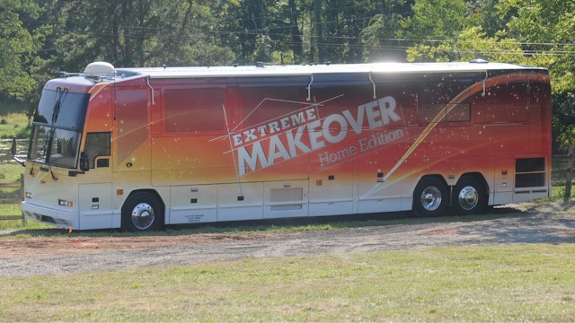 7/29/2010 Tilden Township, PAThe tour bus with "Extreme Makeover Home Edition" parked next to Trisha Urban's house.At the home of Trisha Urban in Tilden Township, where her house is being renovated by the ABC television show "Extreme Makeover Home Edition" Thursday afternoon. Filming for the show is underway. Photo by Ben Hasty