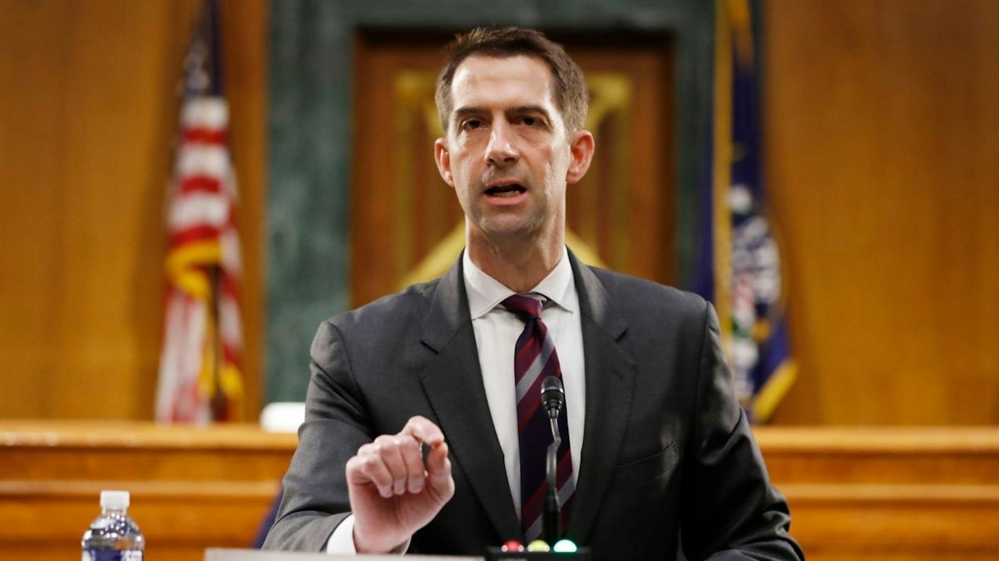 Sen. Tom Cotton, R-Ark., speaks during a Senate Intelligence Committee nomination hearing for Rep. John Ratcliffe, R-Texas, on Capitol Hill in Washington, Tuesday, May. 5, 2020.