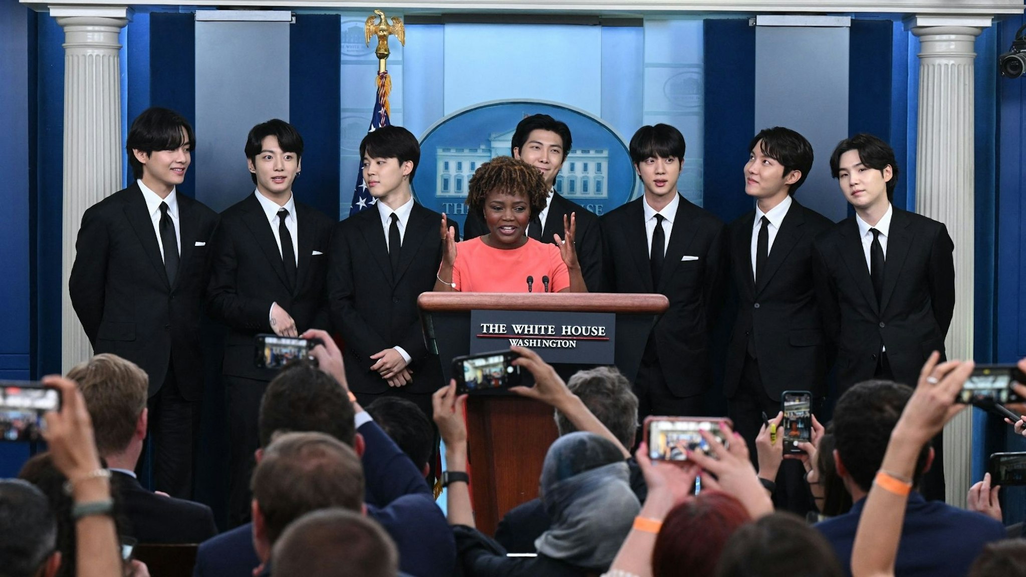 Korean band BTS appears at the daily press briefing with Press Secretary Karine Jean-Pierre, in the Brady Press Briefing of the White House in Washington, DC, May 31, 2022, as they visit to discuss Asian inclusion and representation, and addressing anti-Asian hate crimes and discrimination. (