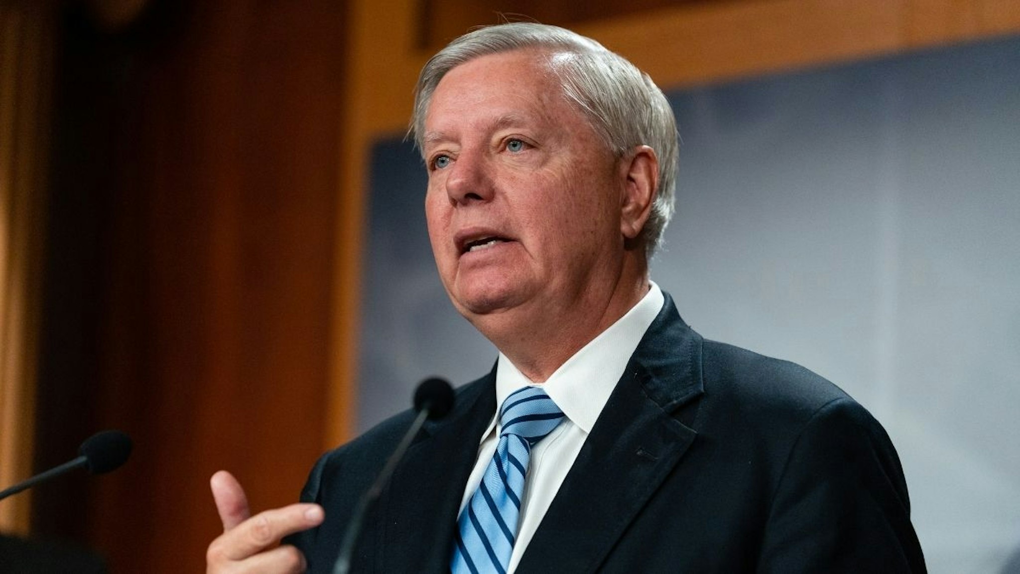 Senator Lindsey Graham, a Republican from South Carolina, speaks during a news conference about the nomination of Ketanji Brown Jackson, associate justice of the U.S. Supreme Court nominee for U.S. President Joe Biden, at the U.S. Capitol in Washington, D.C., U.S., on Thursday, April 7, 2022.