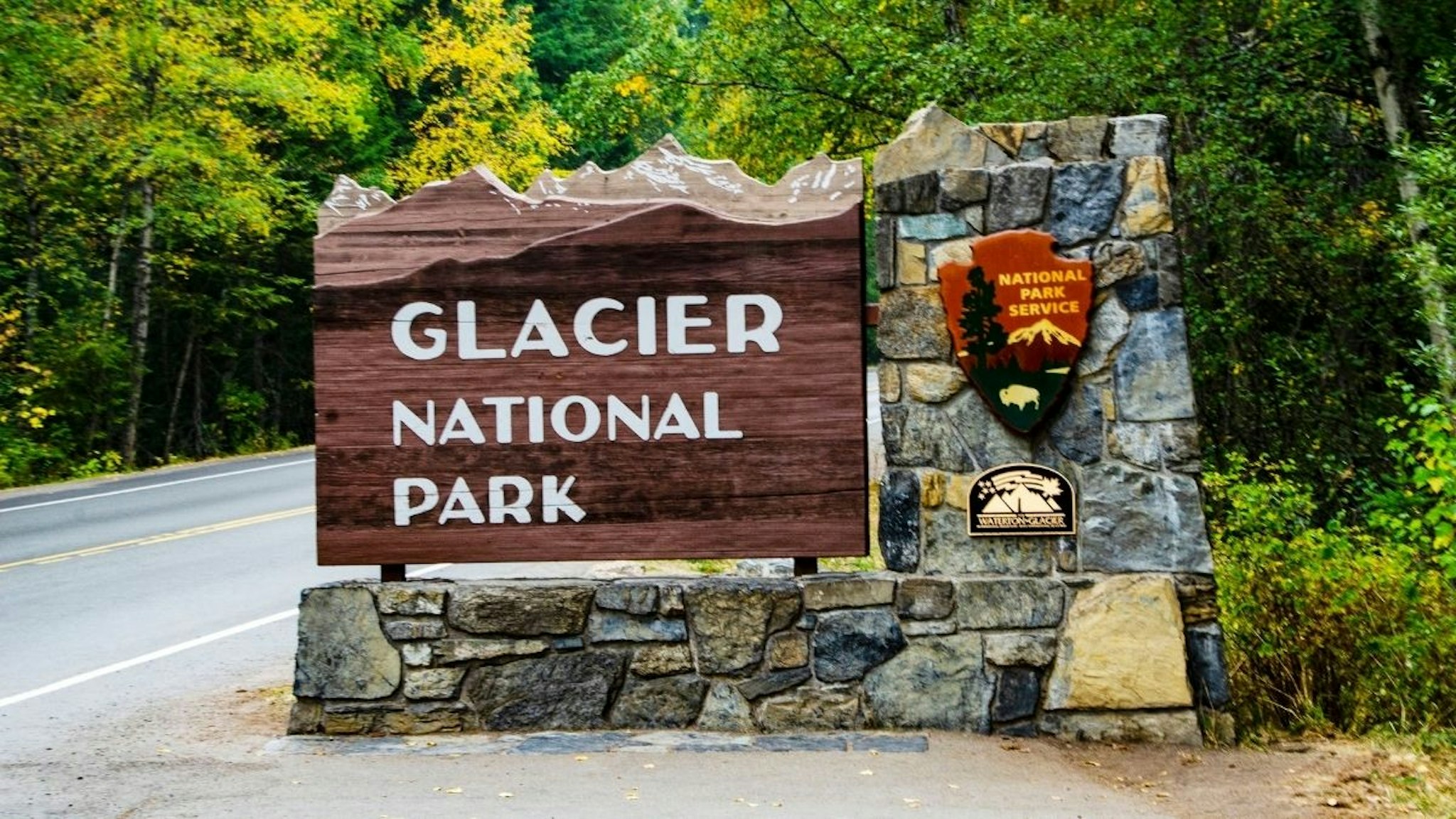 North America, USA, Montana, Glacier National Park, Entrance monument Sign.
