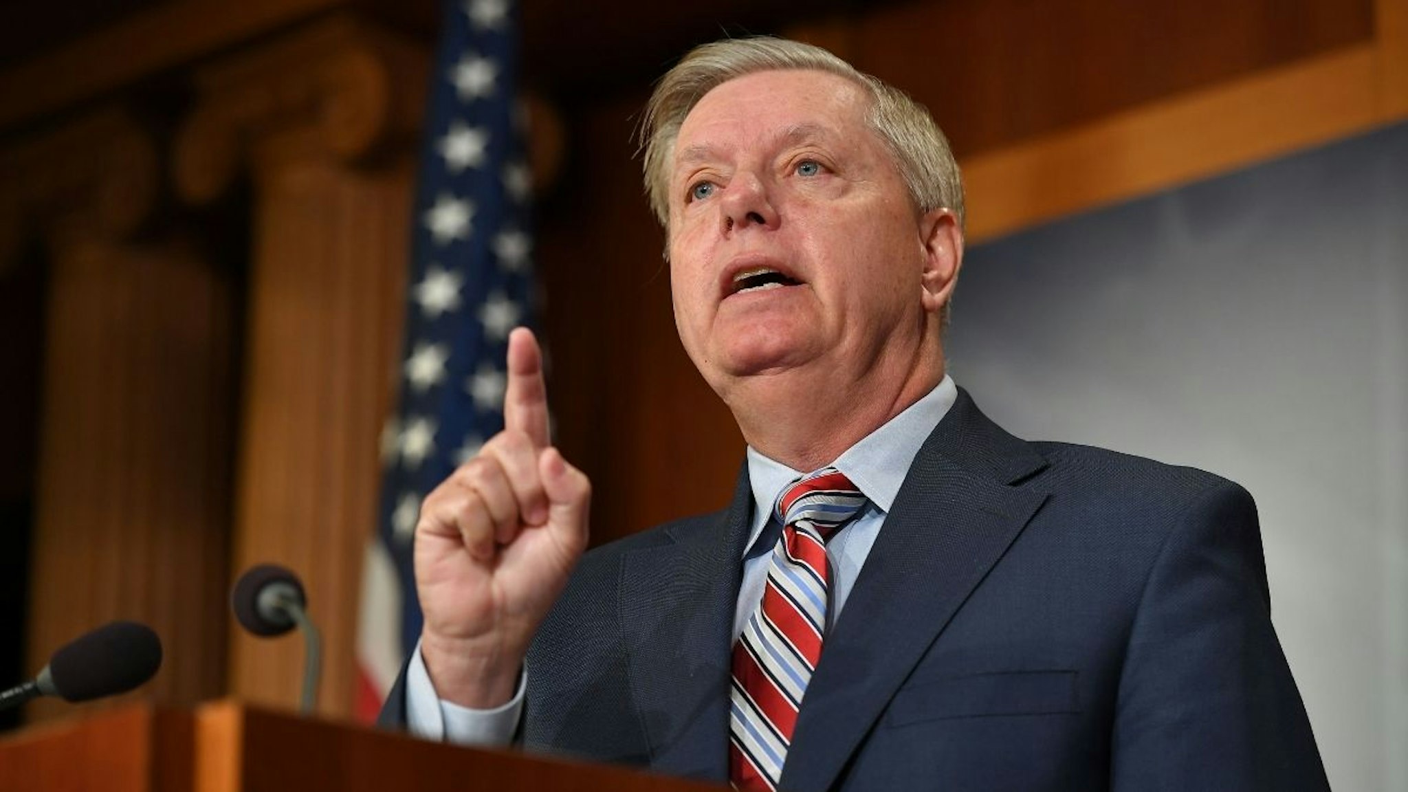 Senate Judiciary Committee Chairman Lindsey Graham, R-SC, speaks during a press conference on US Attorney General William Barr's summary of the Mueller report at the US Capitol in Washington, DC on March 25, 2019.