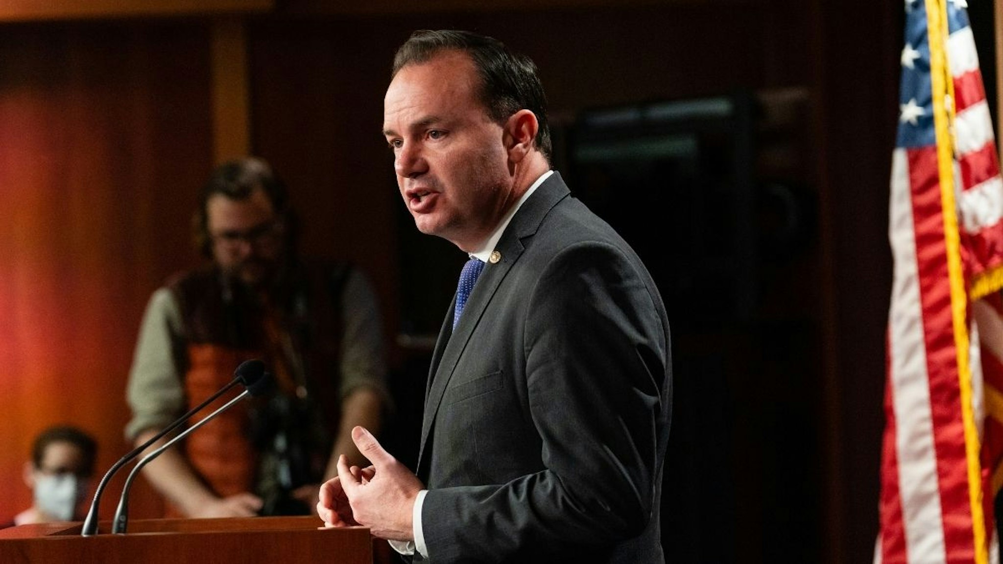 Senator Mike Lee, a Republican from Utah, speaks during a news conference about the nomination of Ketanji Brown Jackson, associate justice of the U.S. Supreme Court nominee for U.S. President Joe Biden, at the U.S. Capitol in Washington, D.C., U.S., on Thursday, April 7, 2022.
