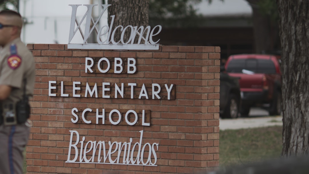 Texas state troopers outside Robb Elementary School in Uvalde, Texas, US, on Tuesday, May 24, 2022. Fourteen students and one teacher were killed during a massacre in a Texas elementary school, the deadliest US school shooting in more than four years.