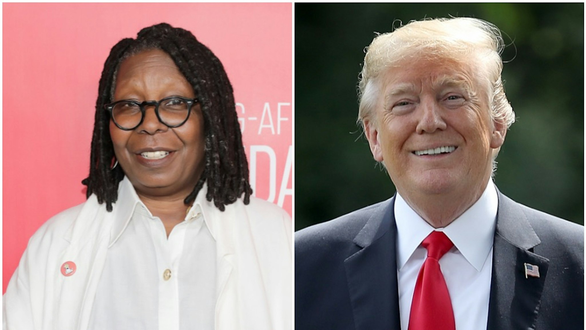 Actress Whoopi Goldberg attends the grand opening Of SAG-AFTRA Foundation's Robin Williams Center on October 5, 2016 in New York City. U.S. President Donald Trump gestures toward journalists shouting questions as he departs the White House May 29, 2018 in Washington, DC. Trump is scheduled to travel to Nashville, Tennessee later today for a campaign rally.