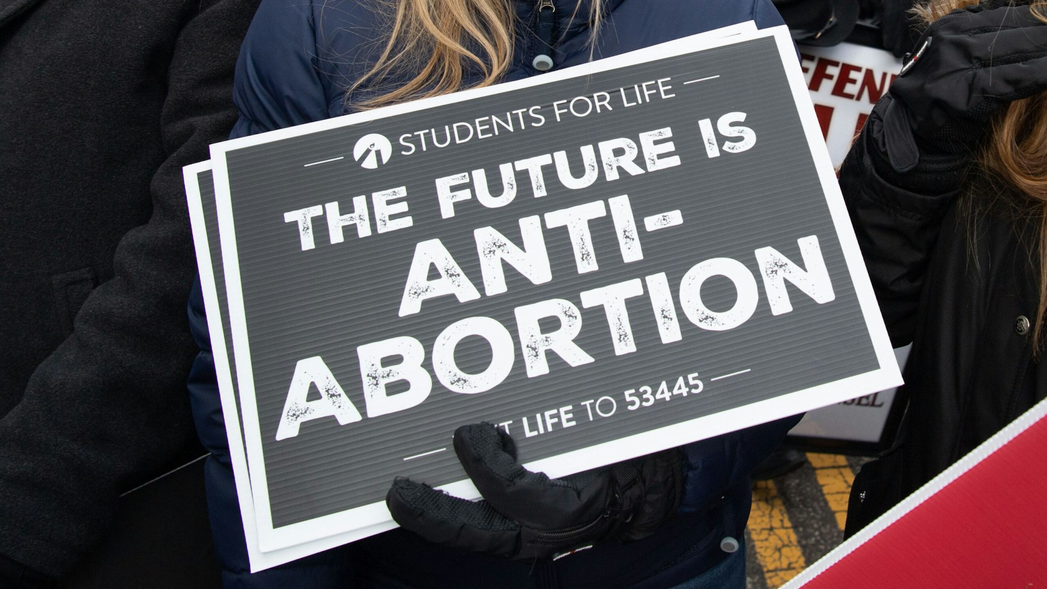 Anti-abortion activists participate in the "March for Life," an annual event to mark the anniversary of the 1973 Supreme Court case Roe v. Wade, which legalized abortion in the US, outside the US Supreme Court in Washington, DC, January 29, 2021.