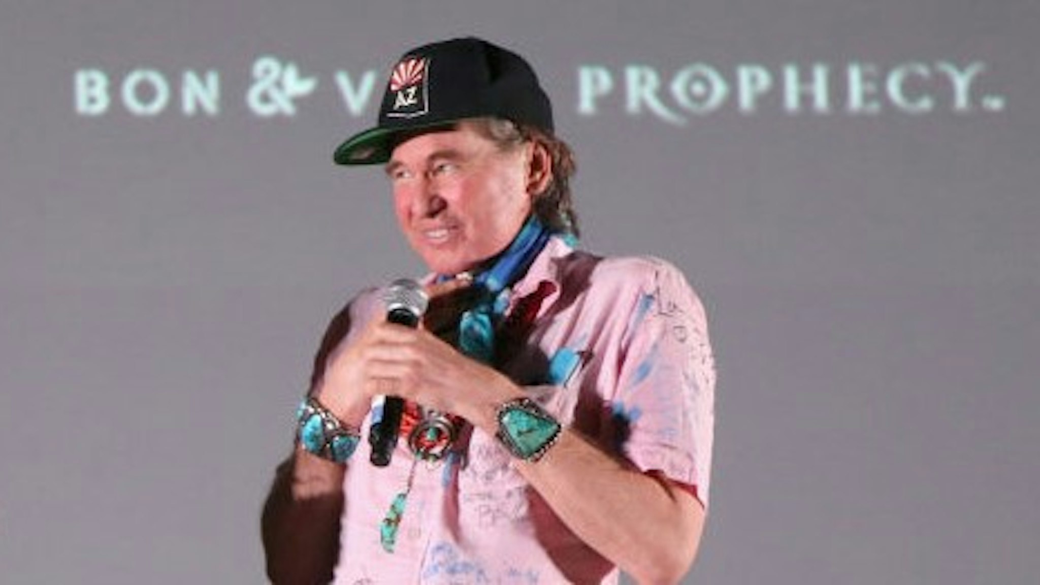 AUSTIN, TEXAS - SEPTEMBER 01: Val Kilmer who played Iceman and Barry Tubb who played Wolfman in the film, introduce a special screening of Top Gun at Camp Mabry on September 1, 2019 in Austin, Texas. (Photo by