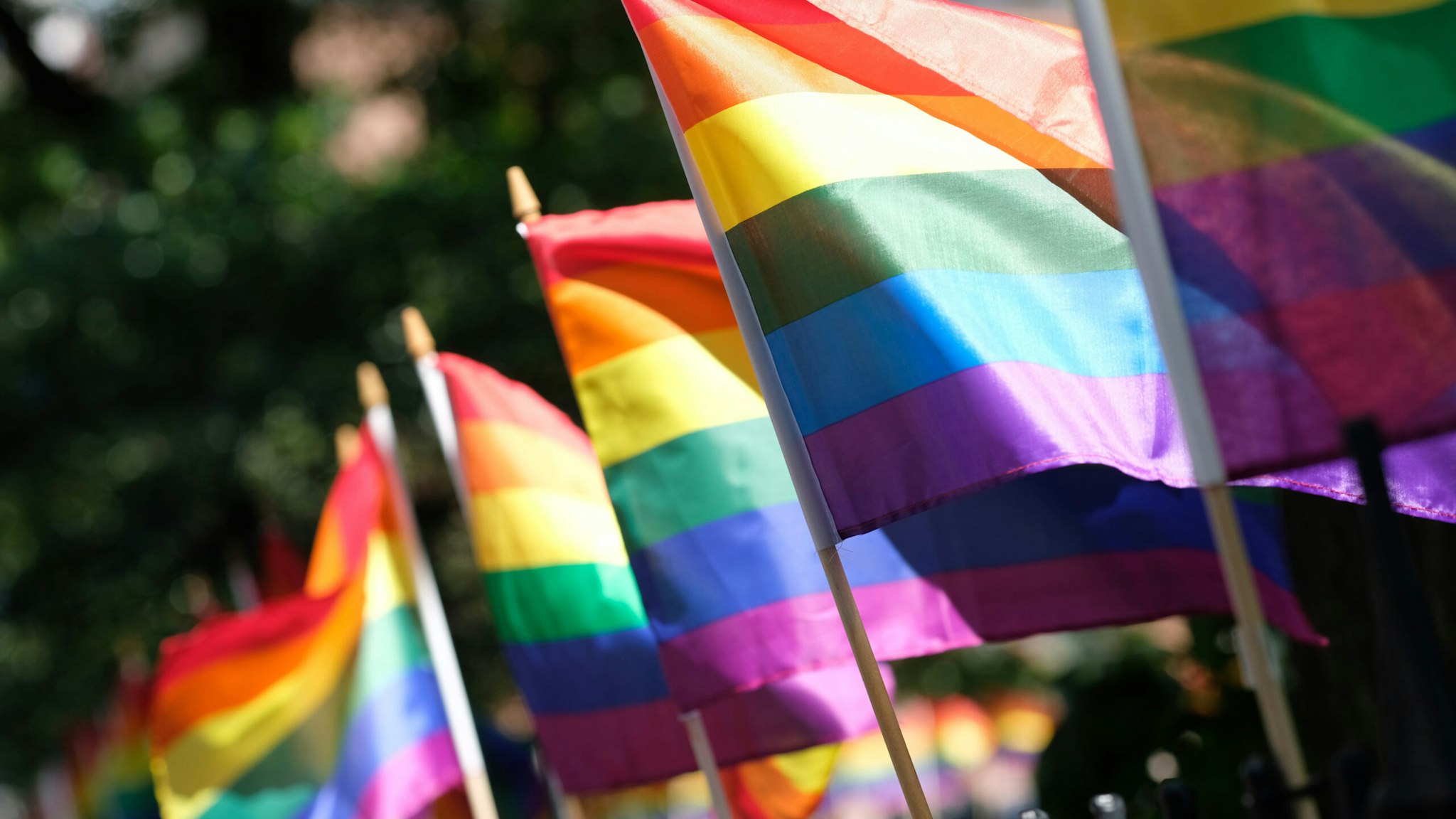 Pride Flags decorate Christopher Park on June 22, 2020 in New York City.