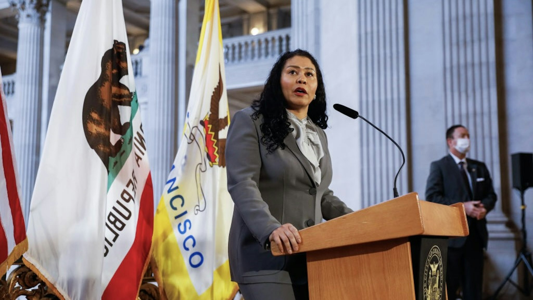 SFChronicleBreed SAN FRANCISCO, CA - FEB. 16: San Francisco Mayor London Breed speaks at a press conference regarding the next steps she will be taking to replace three school board members who were successfully recalled at City Hall on Wednesday, Feb. 16, 2022 in San Francisco, California. (Gabrielle Lurie/The San Francisco Chronicle via Getty Images) San Francisco Chronicle/Hearst Newspapers via Getty Images / Contributor
