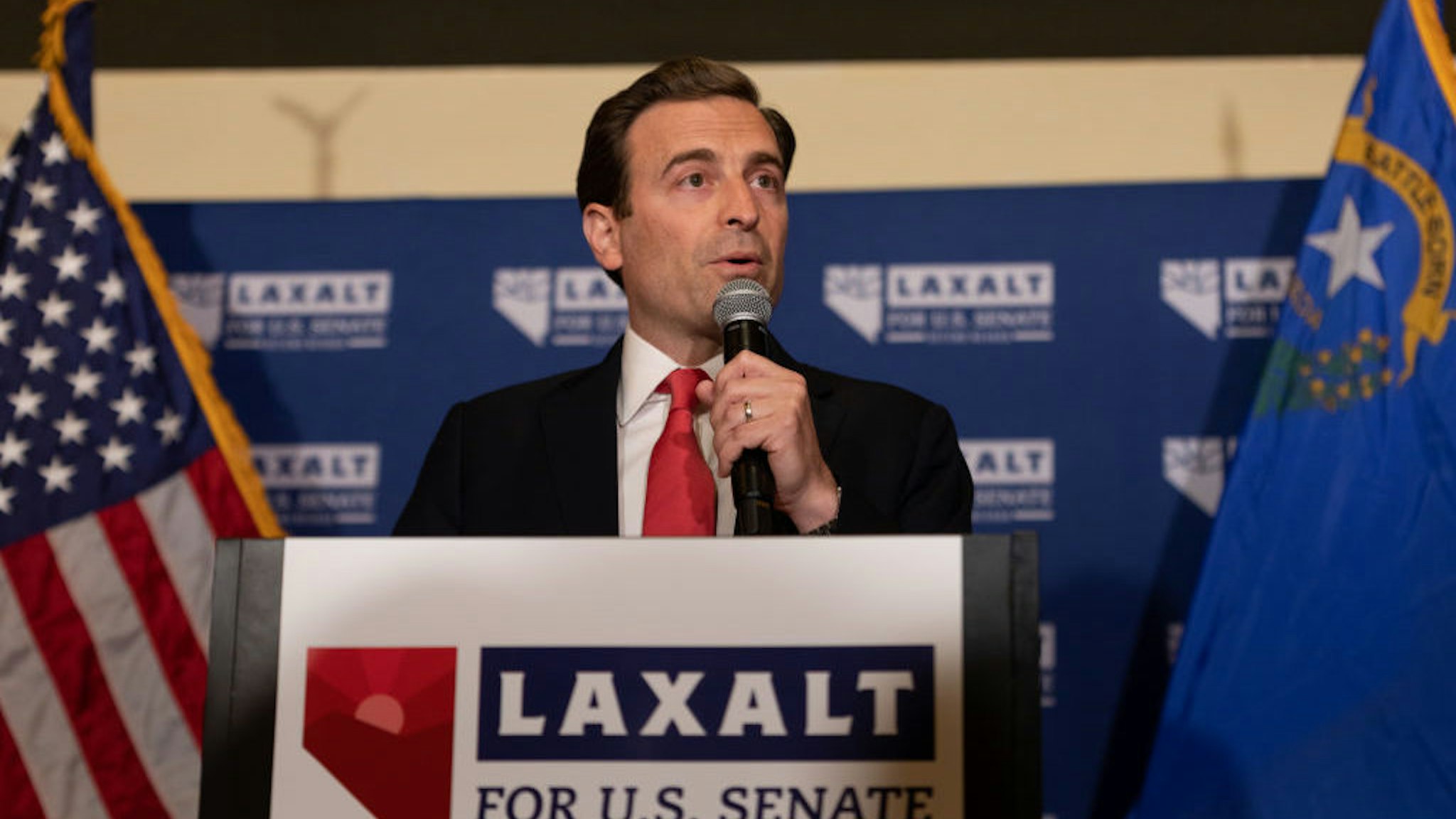 RENO, NV - JUNE 14: Adam Laxalt speaks to a crowd at an election night event on June 14, 2022 in Reno, Nevada. The Nevada primary is attracting national attention as Republican Senate candidates prepare to challenge incumbent U.S. Sen. Catherine Cortez-Masto (D-NV) in November. (Photo by Trevor Bexon/Getty Images)