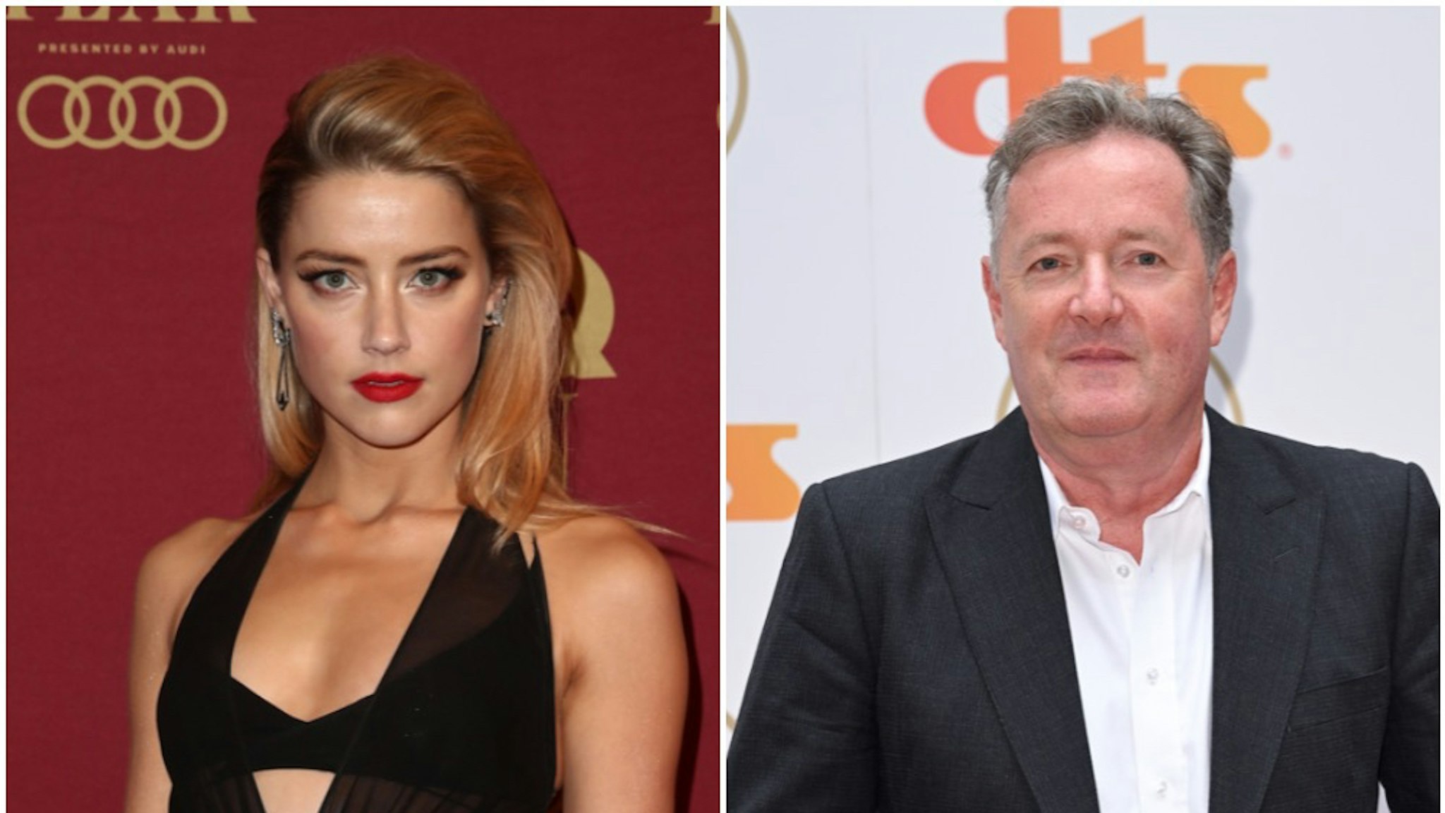 Amber Heard attends the GQ Men Of The Year Awards at The Star on November 15, 2017 in Sydney, Australia. Piers Morgan attends The TRIC Awards 2021 at 8 Northumberland Avenue on September 15, 2021 in London, England.