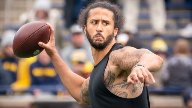 ANN ARBOR, MI - APRIL 02: Colin Kaepernick participates in a throwing exhibition during half time of the Michigan spring football game at Michigan Stadium on April 2, 2022 in Ann Arbor, Michigan.