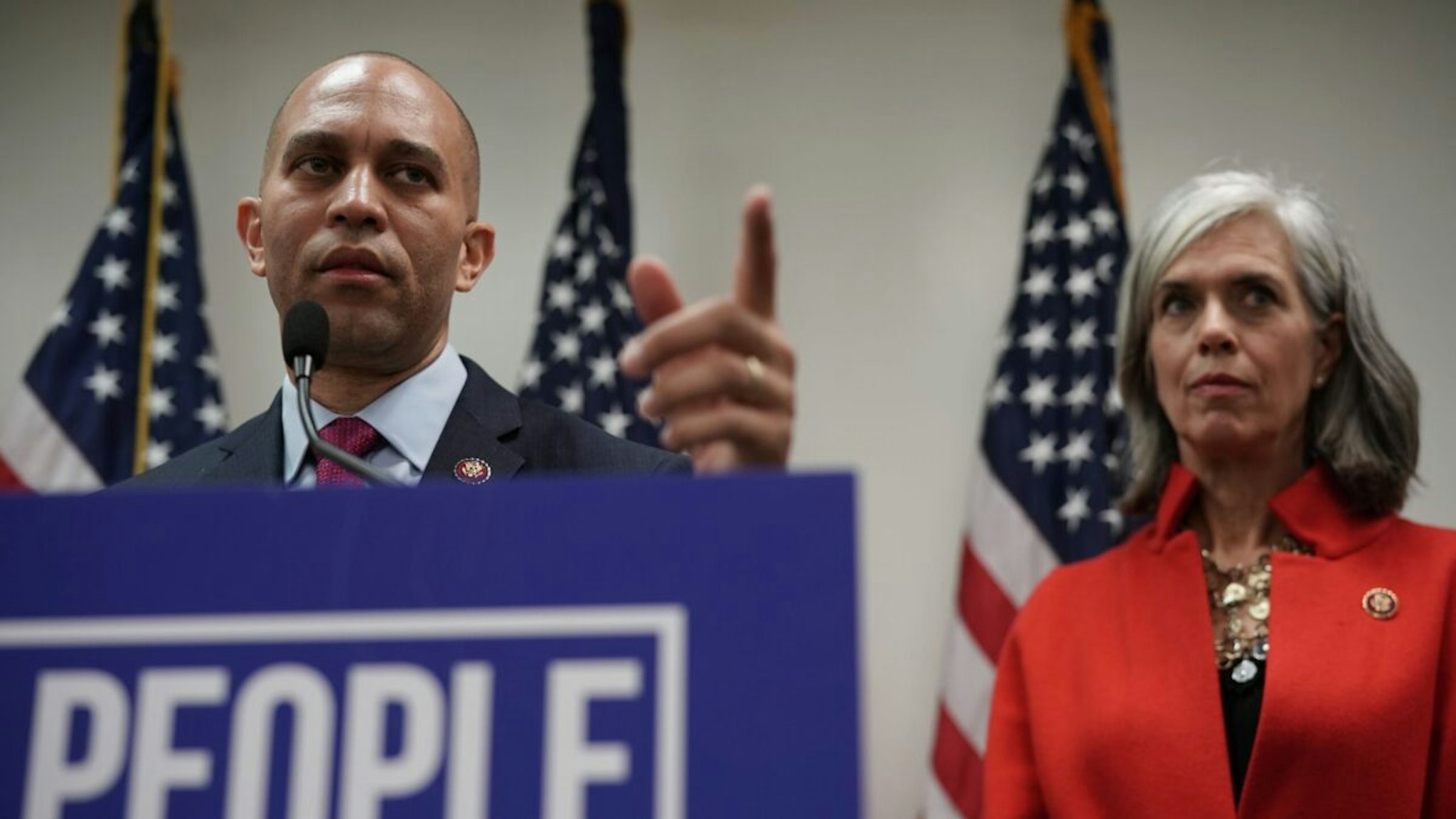 WASHINGTON, DC - JANUARY 09: U.S. House Democratic Caucus Chairman Rep. Hakeem Jeffries (D-NY) speaks as House Democratic Caucus Vice Chair Katherine Clark (D-MA) listens during a news conference after a caucus meeting at the U.S. Capitol January 9, 2019 in Washington, DC. House Democrats gathered to discuss the Democratic agenda as the partial government shutdown enters day 19.