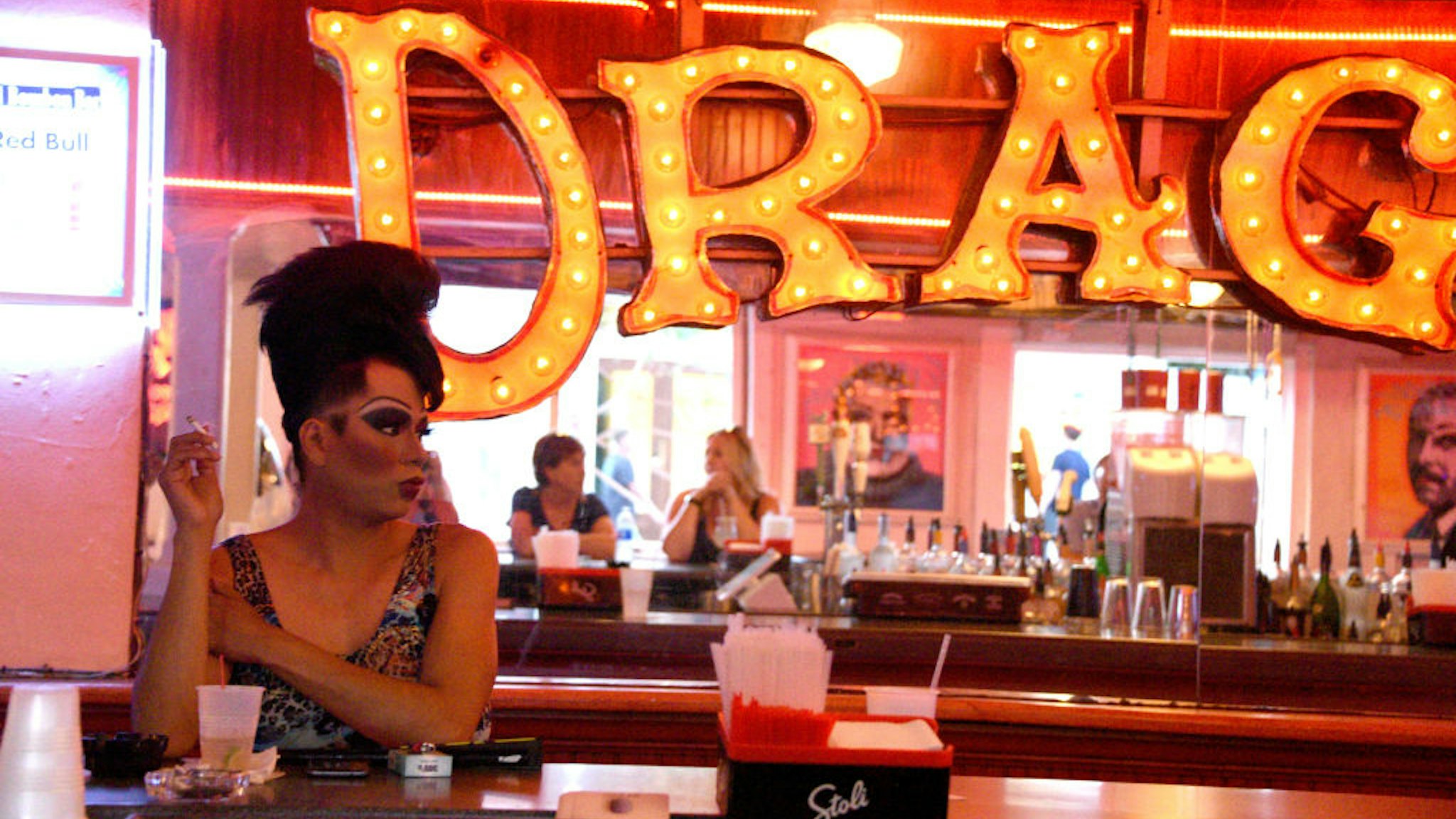 KEY WEST FL - MARCH 23: A Drag Queens sits in the 801 Bourbon Bar a Nightclub, a gay bar &amp; lively mix of drag shows.The tourist scene is very mixed and liberal on Duval Street welcoming the LGBTQ community March 23, 2019 801 Bourbon Bar Key West, Florida (Photo by Paul Harris/Getty Images)