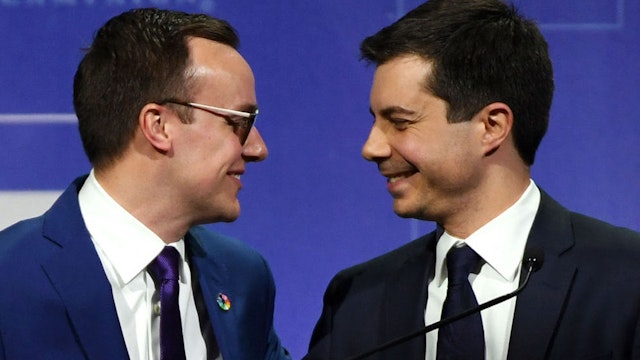 Chasten Glezman Buttigieg (L) greets his husband, South Bend, Indiana Mayor Pete Buttigieg, after he delivered a keynote address at the Human Rights Campaign's (HRC) 14th annual Las Vegas Gala at Caesars Palace on May 11, 2019 in Las Vegas, Nevada.