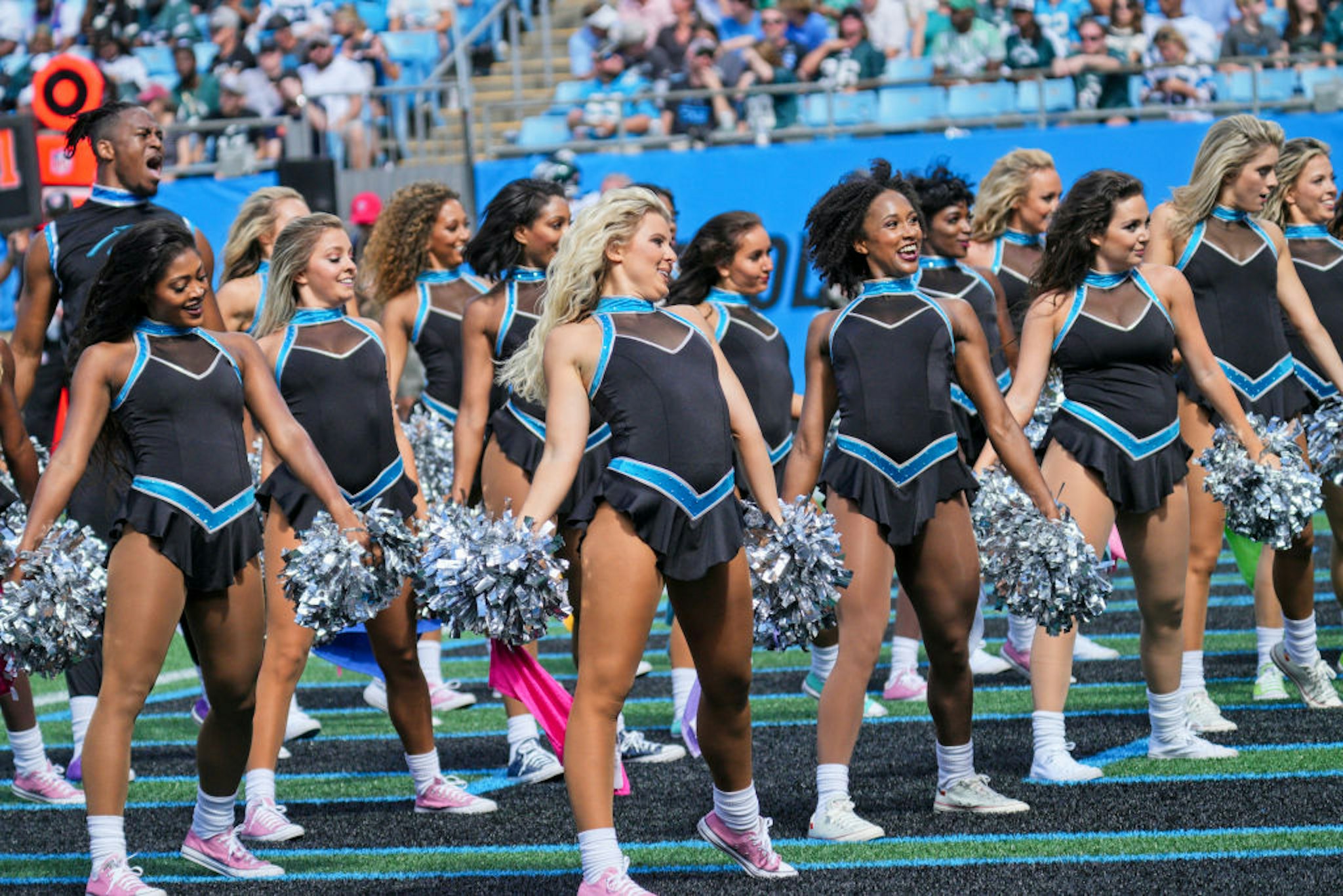 Carolina Panthers cheerleaders perform during the game between the Carolina Panthers and the Philadelphia Eagles on October 10, 2021 at Bank of America Stadium in Charlotte, NC.