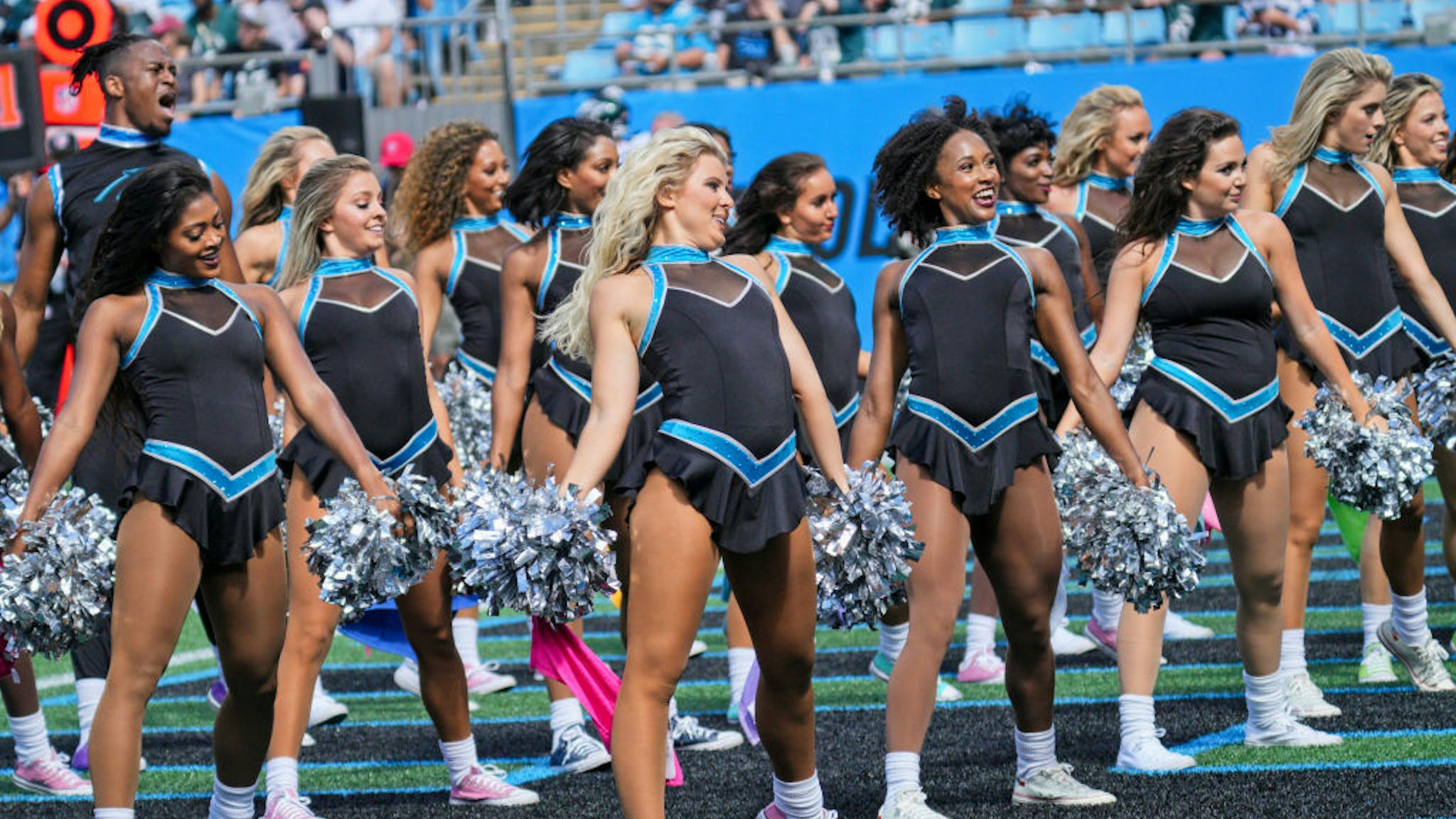 Carolina Panthers cheerleaders perform during the game between the Carolina Panthers and the Philadelphia Eagles on October 10, 2021 at Bank of America Stadium in Charlotte, NC.