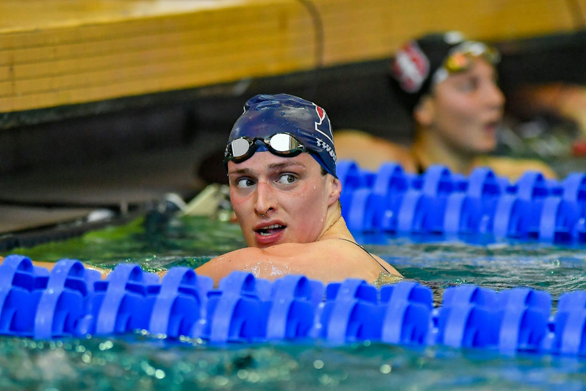ATLANTA, GA - MARCH 17: University of Pennsylvania swimmer Lia Thomas reacts after winning the 500 Freestyle prelims during the NCAA Swimming and Diving Championships on March 17th, 2022 at the McAuley Aquatic Center in Atlanta Georgia. (Photo by Rich von Biberstein/Icon Sportswire via Getty Images)