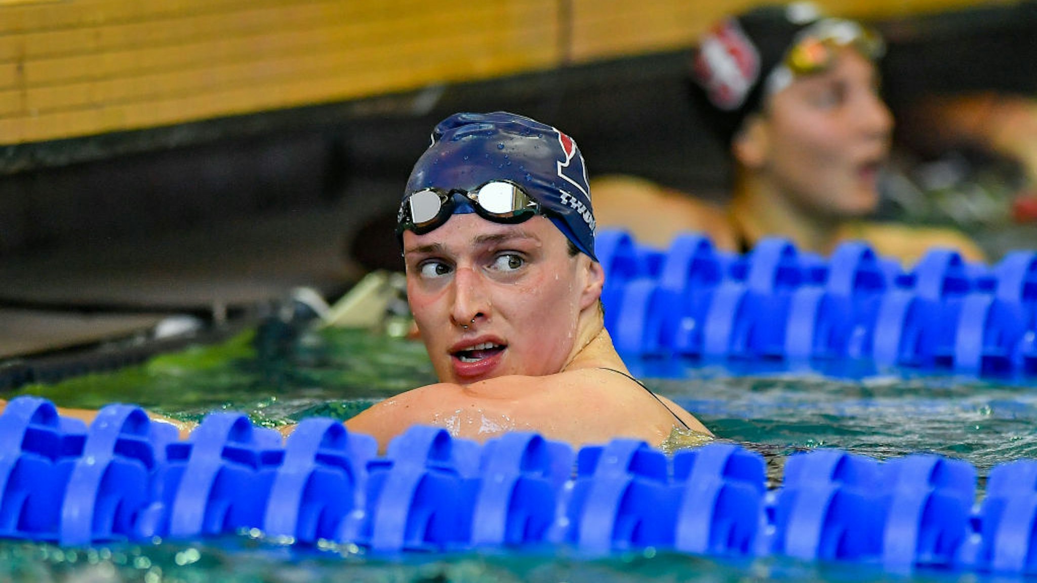 ATLANTA, GA - MARCH 17: University of Pennsylvania swimmer Lia Thomas reacts after winning the 500 Freestyle prelims during the NCAA Swimming and Diving Championships on March 17th, 2022 at the McAuley Aquatic Center in Atlanta Georgia. (Photo by Rich von Biberstein/Icon Sportswire via Getty Images)
